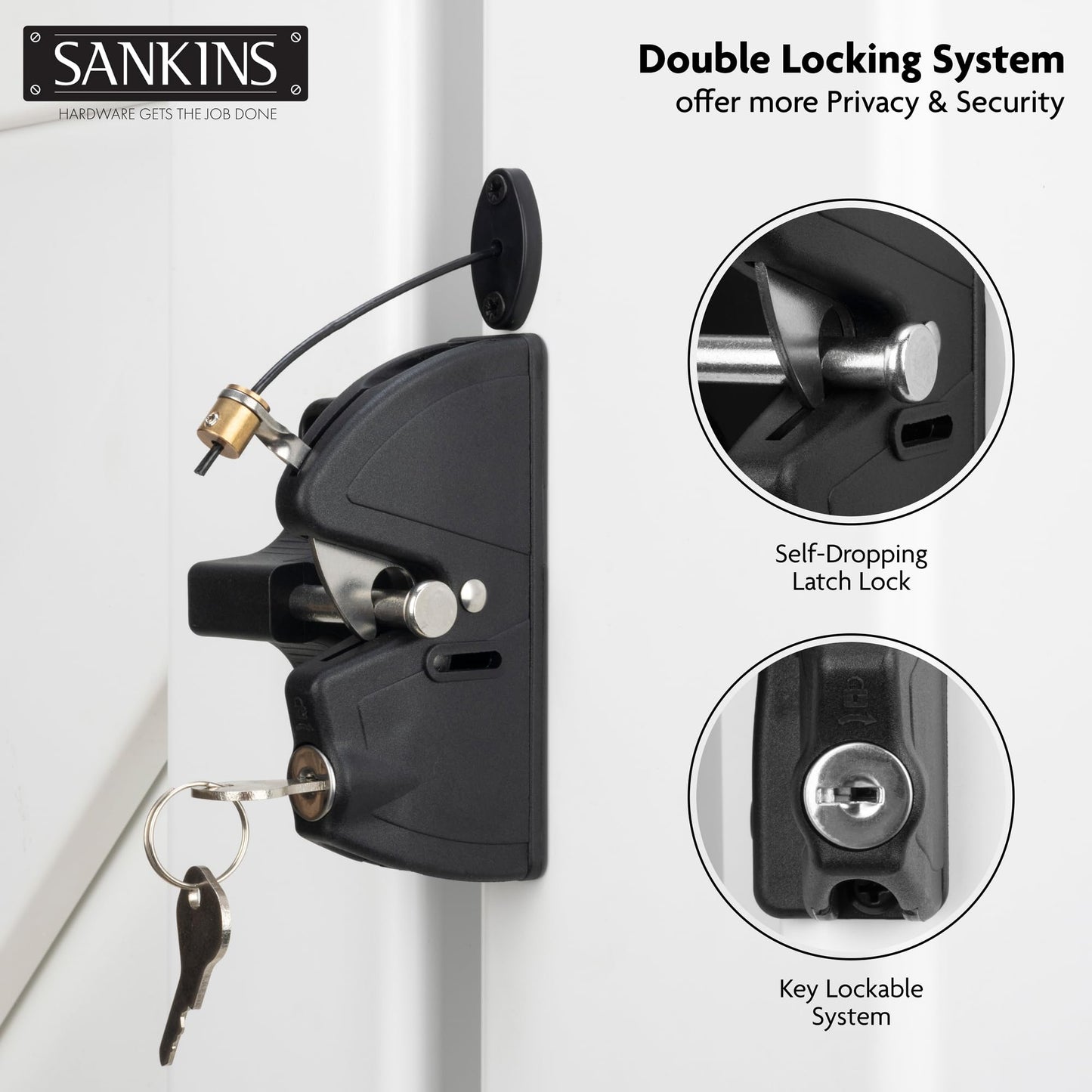 SANKINS Key Lockable Fence Gate Latch, 2 Sided Gate Lock Latch for Outdoor Fence, Keyed Fence Lock Latch with Spring Loaded Pull Cable, Fence Latch Gate Hardware for Wood, Vinyl, Metal Gates, Black