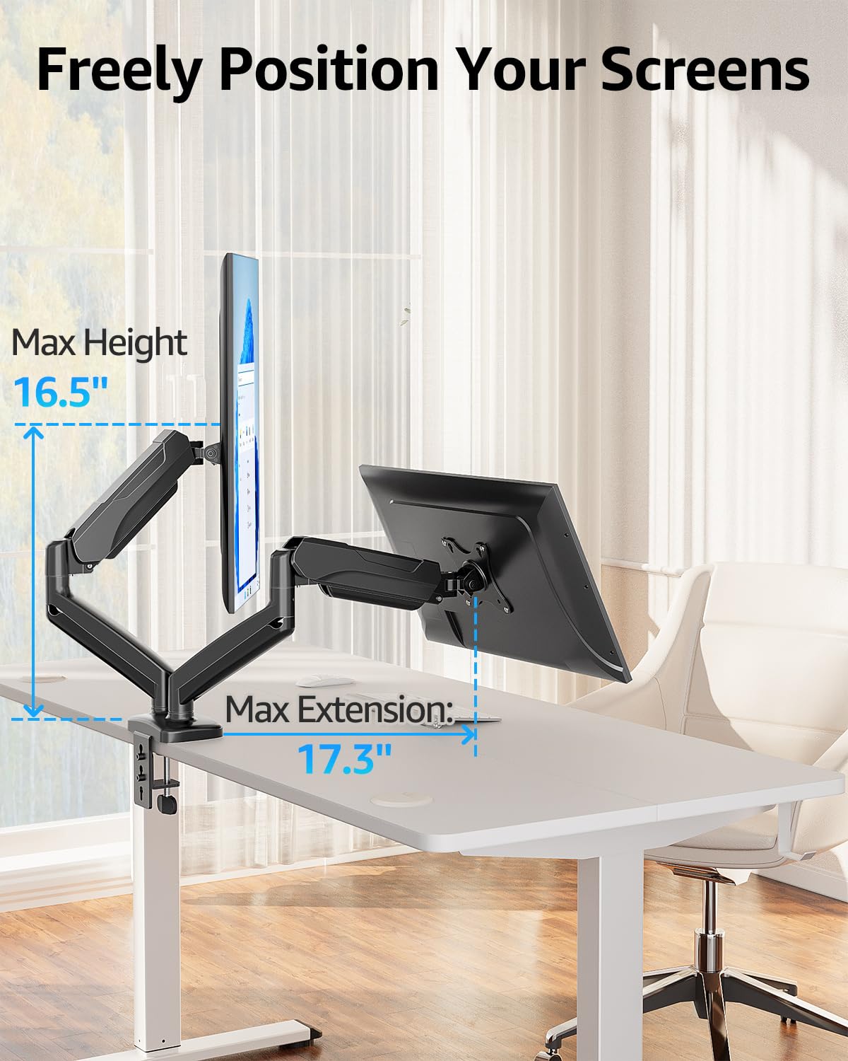 MOUNTUP Dual Monitor Stand for Desk, Monitor Arms for 2 Monitors 32 27 24 22 Inches, Height Adjustable Double Monitor Mount, VESA Mount with C-Clamp & Grommet Base, Holds 4.4-17.6lbs, Black