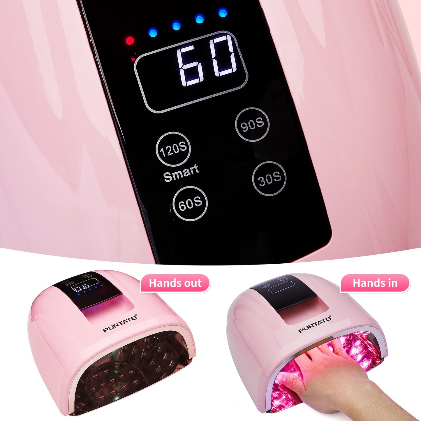 Purtato Professional Salon Rechargeable 90W UV LED Cordless Nail Lamp,45 lamp Beads Long Battery Life,Removable Stainless Steel Bottom, No Black Hands Nail Dryer (Pink)