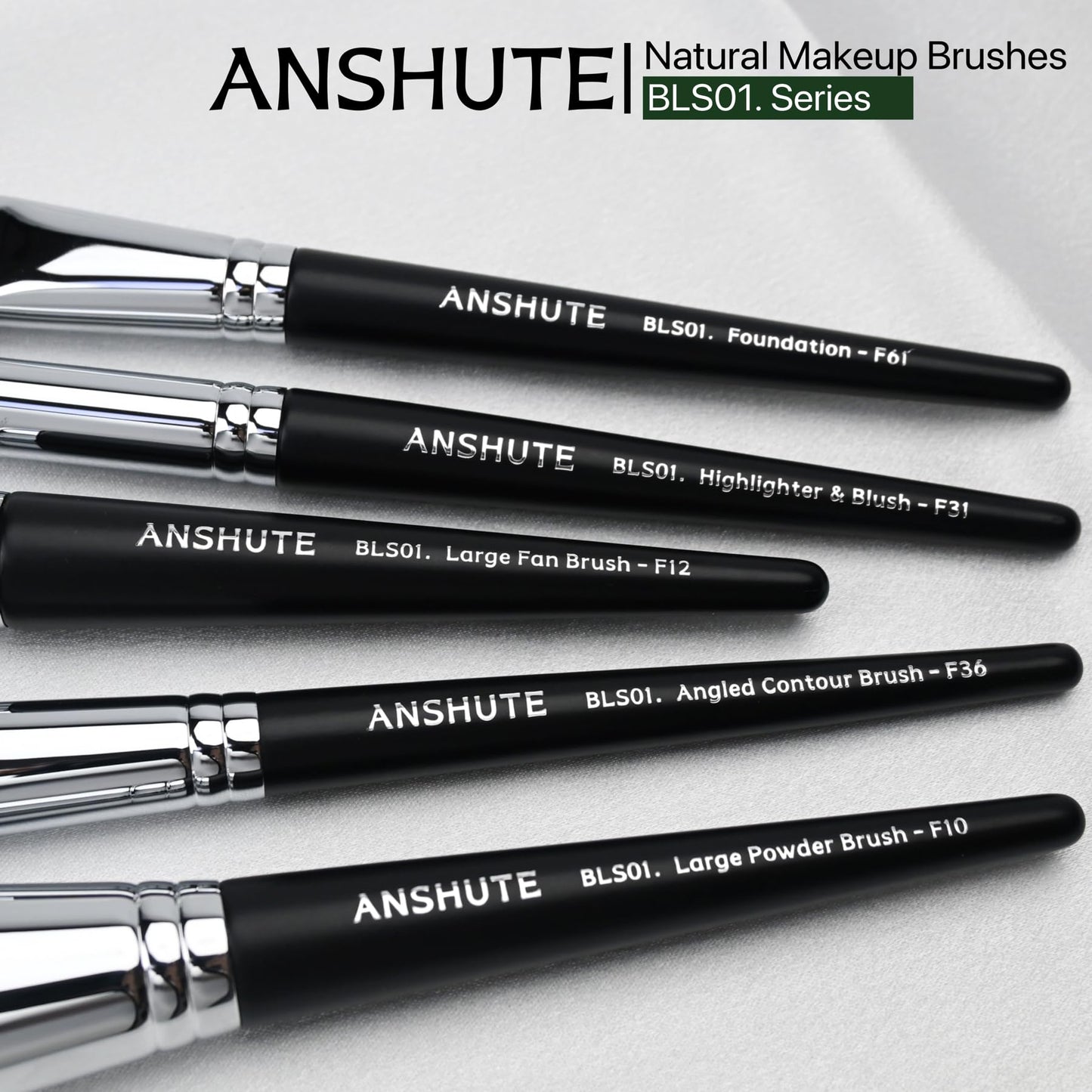Anshute 5-Piece Professional Natural Goat Hair Makeup Brush Set – Face Brushes for Powder, Blush, Contour, Highlighting & Foundation. Super Soft Bristles, Variety of Brushes. Labled Brush Handle