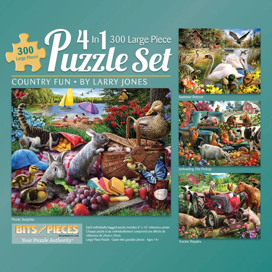 Bits and Pieces - 4-in-1 Multi-Pack 300 Piece Jigsaw Puzzles for Adults - Each Puzzle Measures 16" x 20" - 300 pc Country Fun Jigsaws by Artist Larry Jones