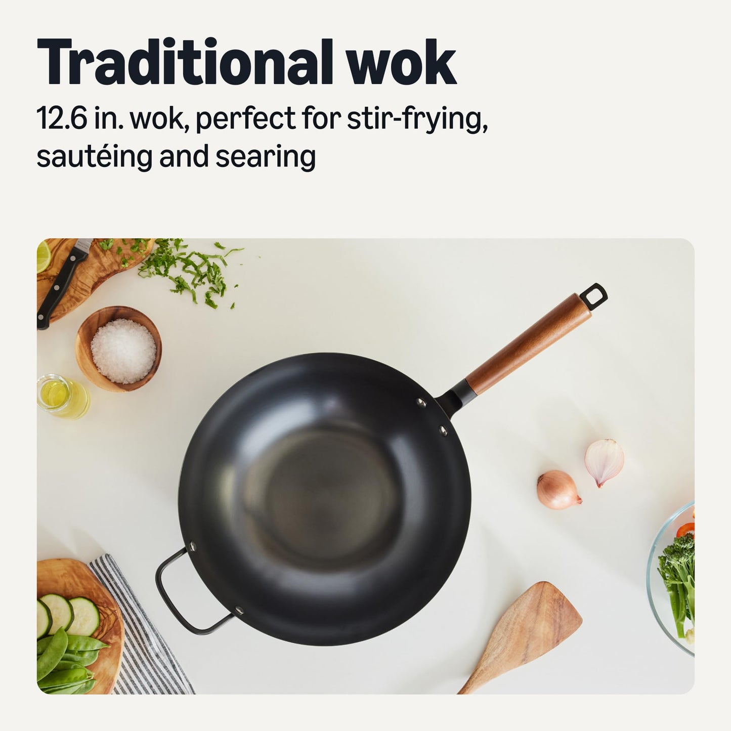 Amazon Basics Carbon Steel Pre-Seasoned Wok, All Cooktop Friendly, 32.00 cm