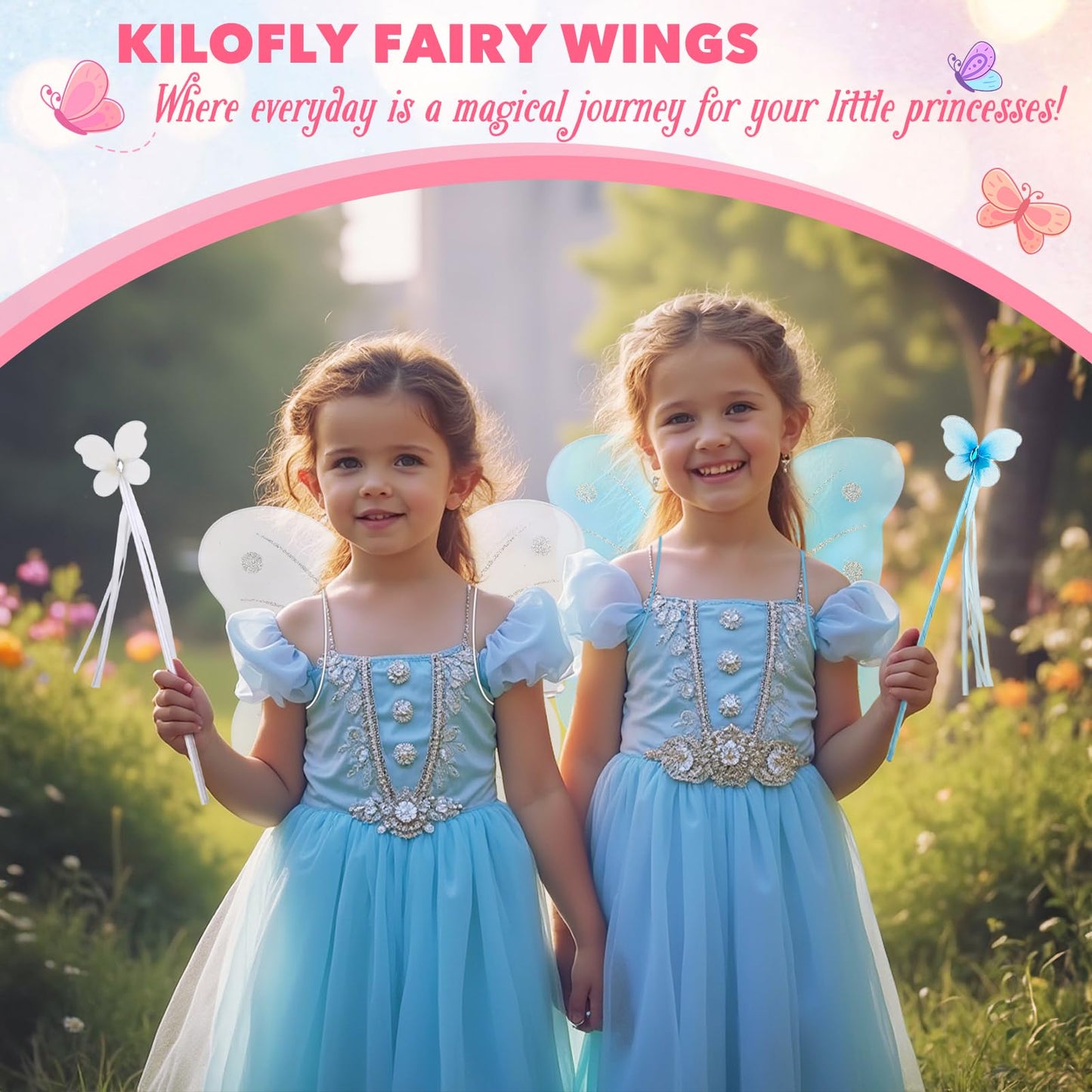 kilofly 8 Sets Angel Butterfly Wings Fairy Wands Princess Dress Up Costume