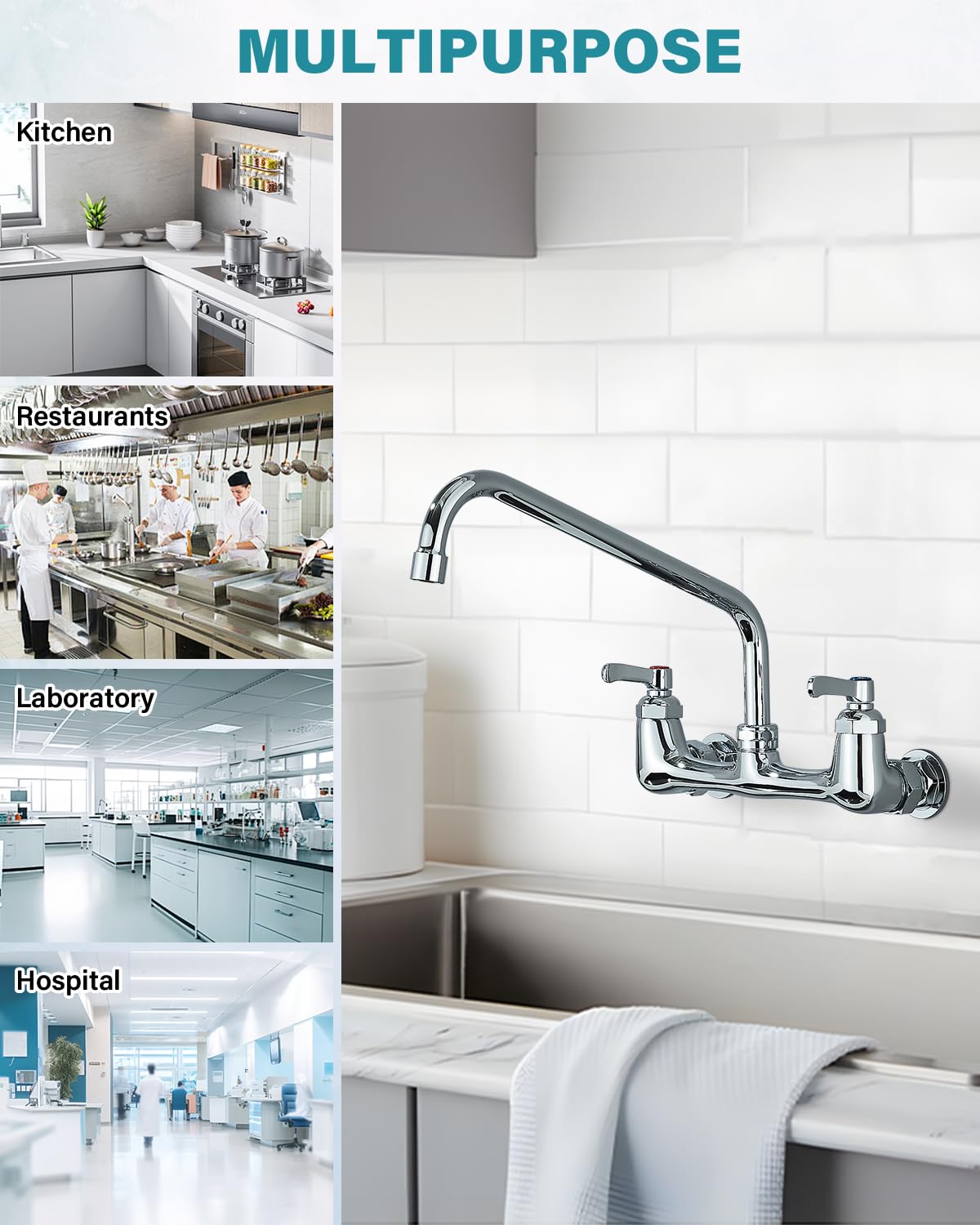 Gmusre Commercial Wall Mount Kitchen Faucet 8 Inch Center Kitchen Sink Faucet with 12 Inch Swivel Spout 2-Handle Faucets for Kitchen Home Restaurant,Chrome Polished