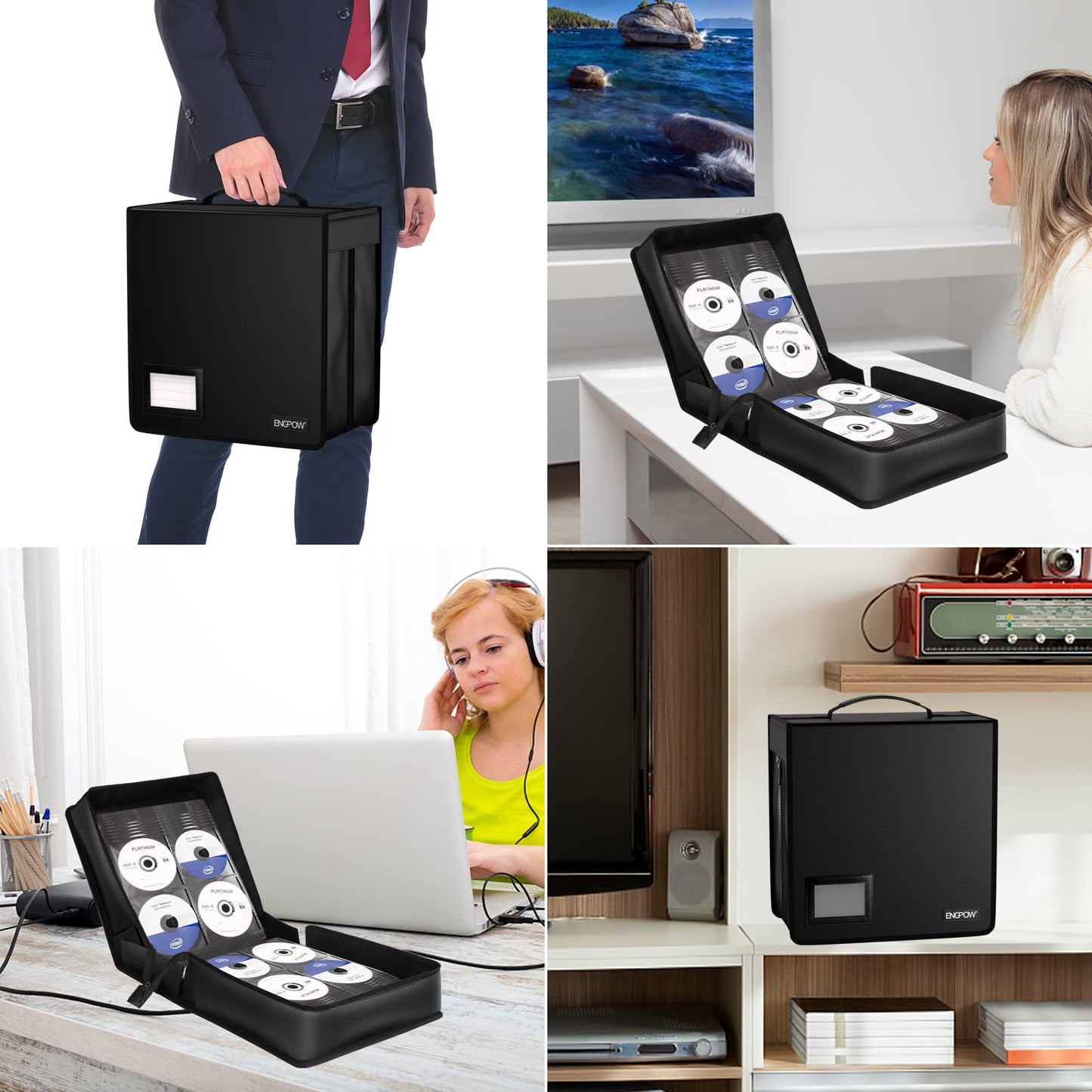 ENGPOW Fireproof CD Case,CD/DVD Storage Case,400 Capacity CD Binder DVD Storage Holder with Zippers,Portable Large Card Media Wallet Box Organizer Safe for Home Office Travel Car,Black