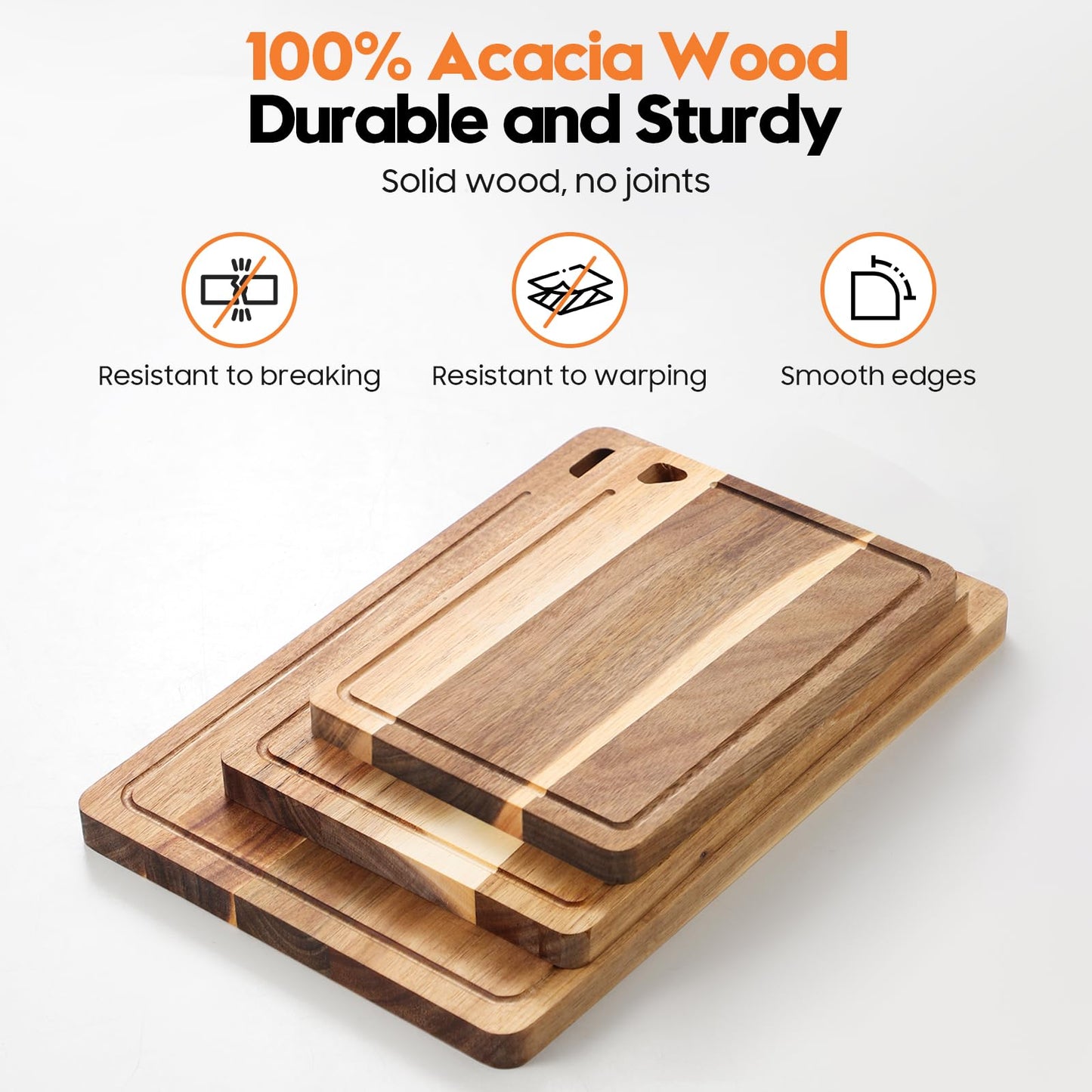 HOMKULA Acacia Wood Cutting Boards for Kitchen Non Toxic, Reversible Wooden Cutting Board with Juice Groove, Wood Chopping Board for Meat, Vegetables and Fruits, Set of 3 (S+M+L)