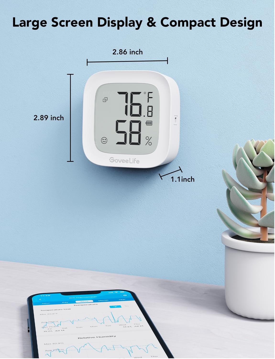 GoveeLife WiFi Thermometer Hygrometer H5103, Indoor Bluetooth Temperature Humidity Sensor with Electronic Ink Display, App Notification Alert, Free Data Storage Export, Digital Remote Monitor for Bedroom