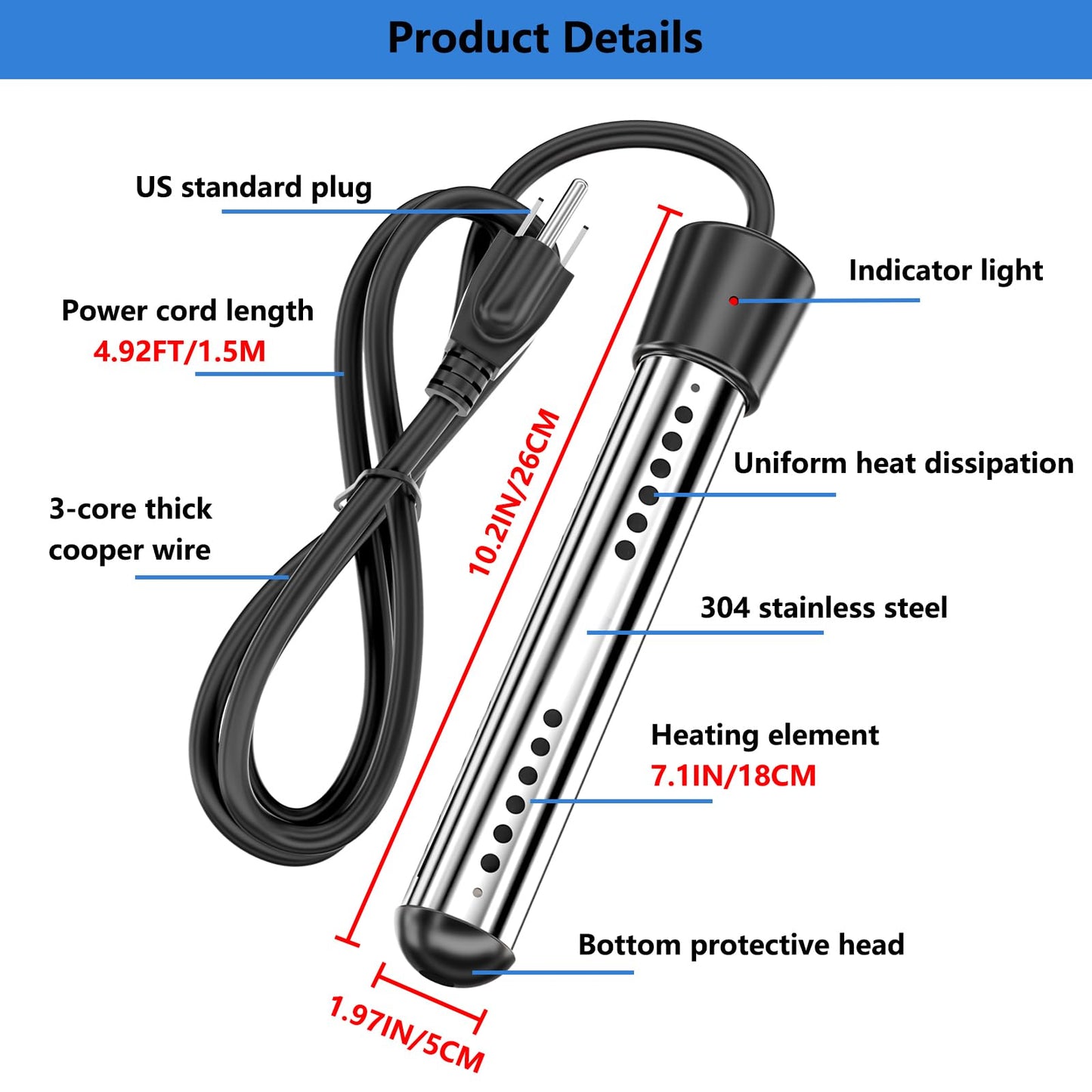 2000W Immersion Water Heater, Portable Electric Heaters with Digital LCD Thermometer, Submersible Heater for Kiddie Inflatable Above Ground Swimming Pool, Bucket Heaters with 304 Stainless Steel