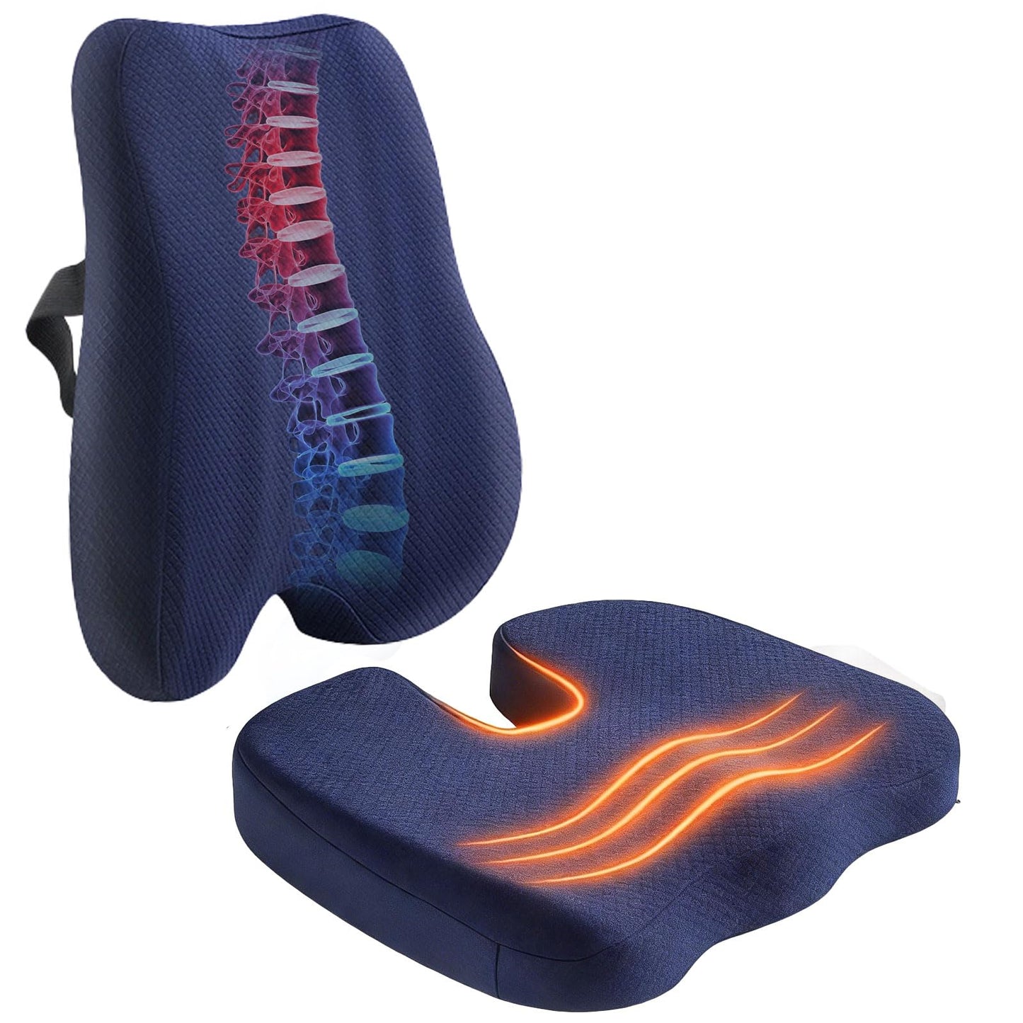 Seat Cushion & Backrest Combo Set with Lumbar Pillow Upgraded Adjustable Height Design, Memory Foam Ideal for Driving, Travel, Extended Sitting Effectively Relieves Lower Back Discomfort (Navy Blue)