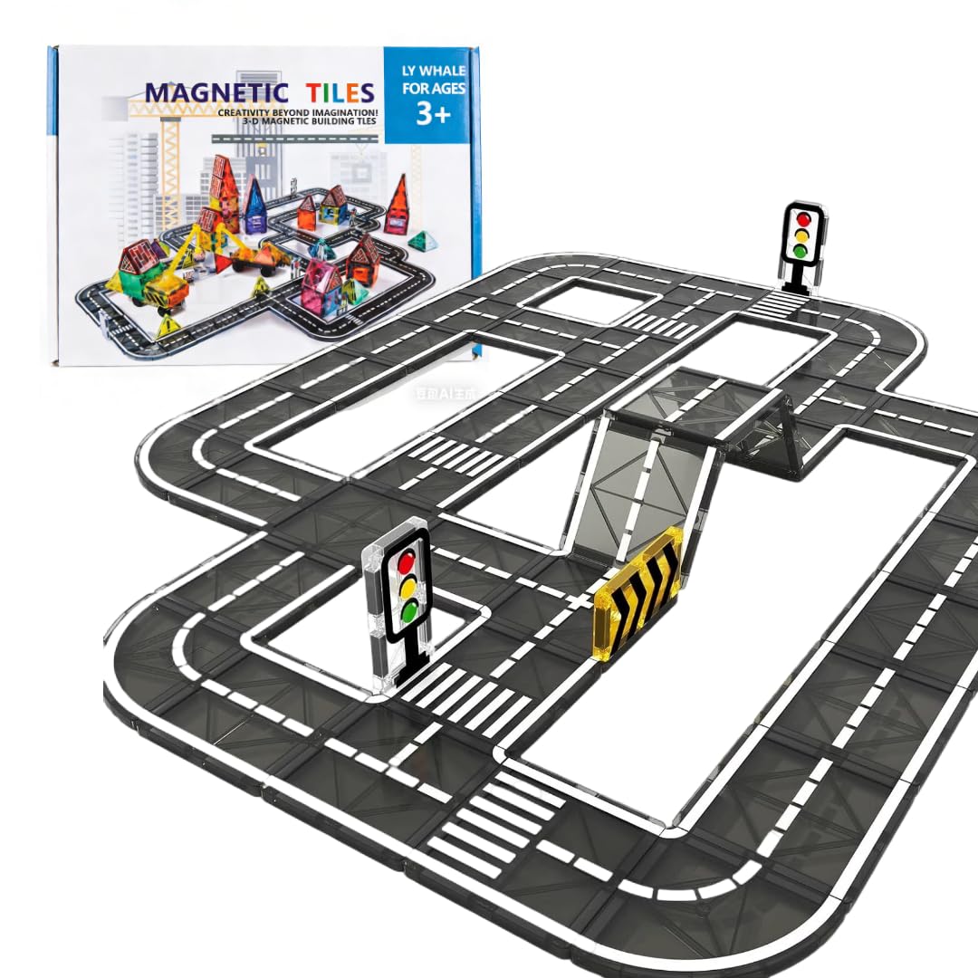 Magnetic Tiles Road Set for Kids, 41 PCS Magnetic Building Blocks with Car Toys, Construction Magnetic Blocks Toys, Boys Gifts
