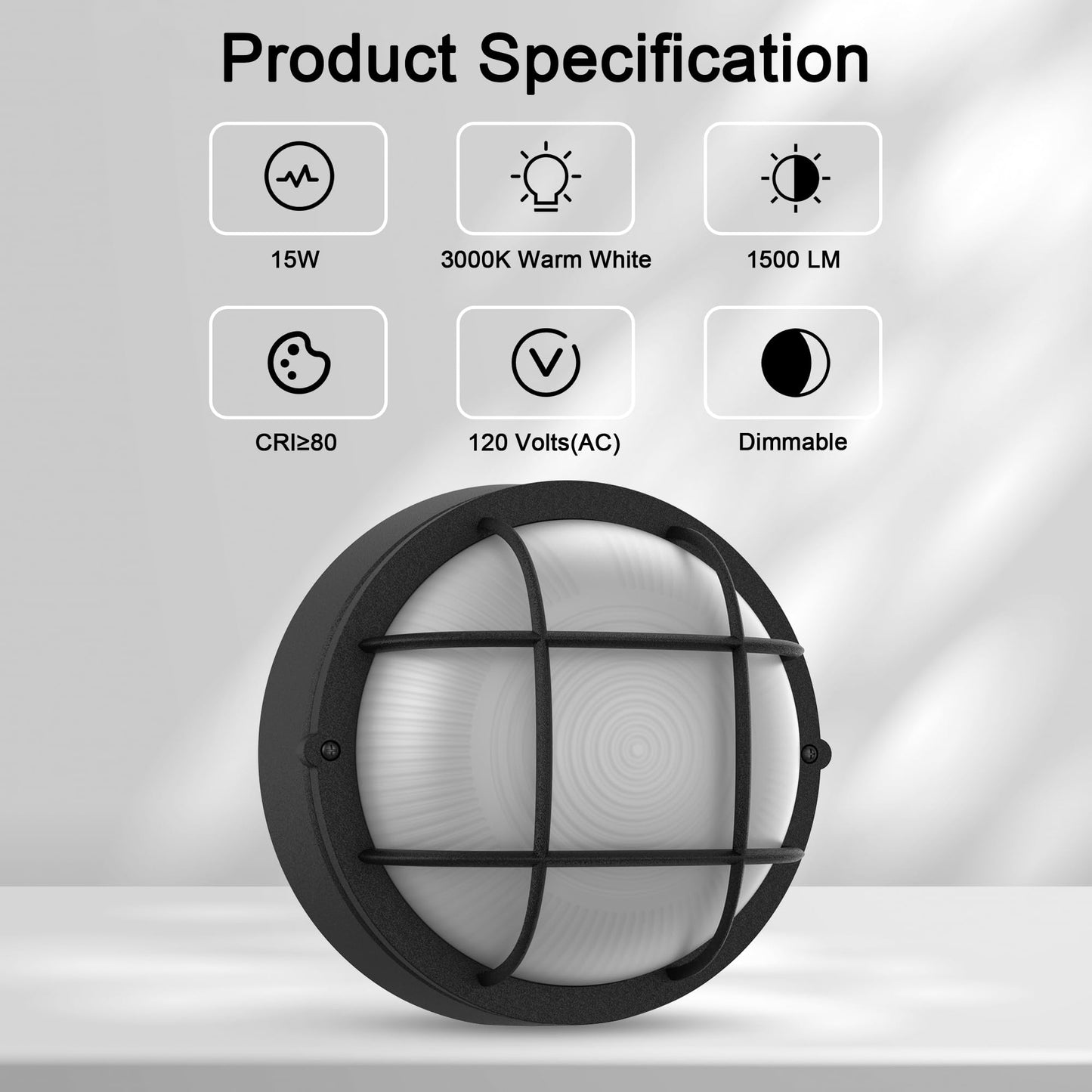 8" Nautical Bulkhead Light,Black Round LED Sauna Light Fixture, 8" Nautical Bulkhead Outdoor Lights LED 3000K,1500LM,15W