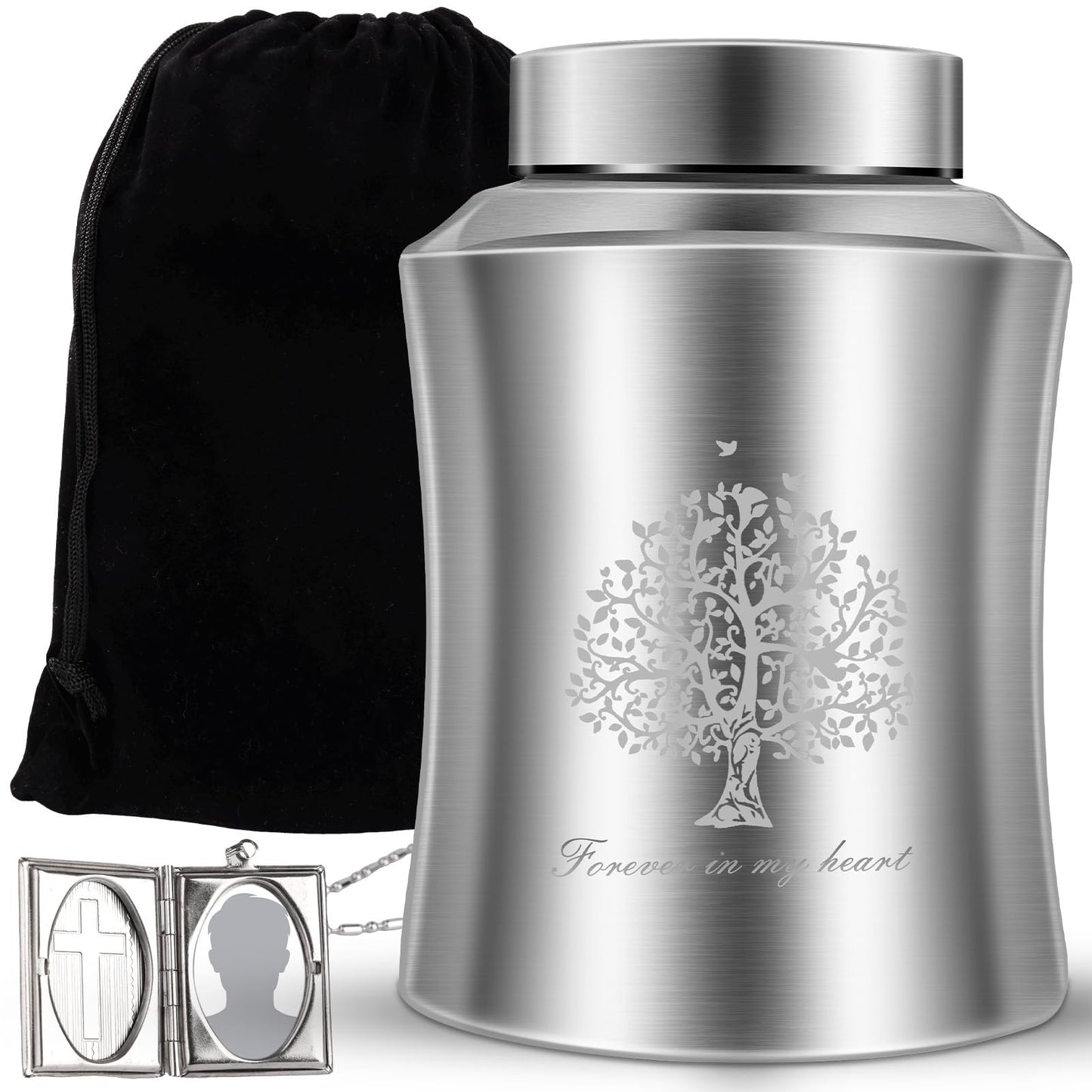 Large Cremation Urn for Adult Human Ashes, Male Female Decorative Urn with Laser Engraved Tree of Life and Velvet Pouch(Forever in My Heart)