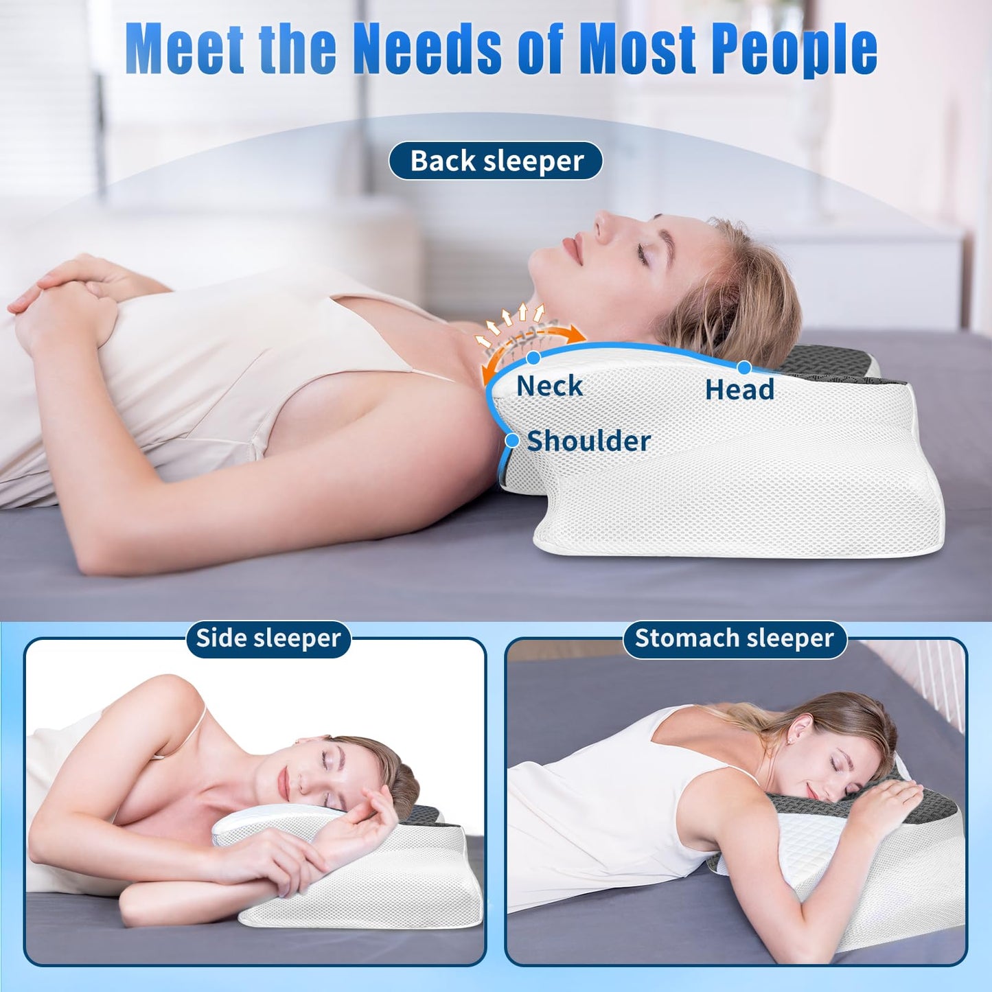 SAHEYER Cervical Pillow for Neck Pain Relief, 2 in 1 Ergonomic Memory Foam Neck Pillow, 2 Heights Adjustable Orthopedic Support Pillow for Side, Back and Stomach Sleepers, 23.6x14x3.9/5.1 inch, Gray