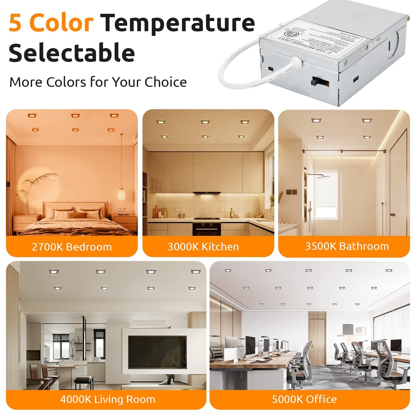 HONZIN Square LED Recessed Slim Pot Lights 4 Inch, 5CCT 2700K/3000K/3500K/4000K/5000K Selectable, 9W, IC Rated, Dimmable Square Black Trim with Junction Box (6 Pack)