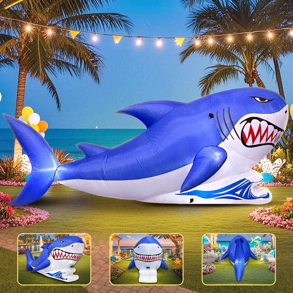 7 FT Shark Inflatable Decoration, Spring Inflatable Blow Up Animal Decorations Built LED Lights for Outdoor Yard Farm Lawn Holiday Garden Birthday Party