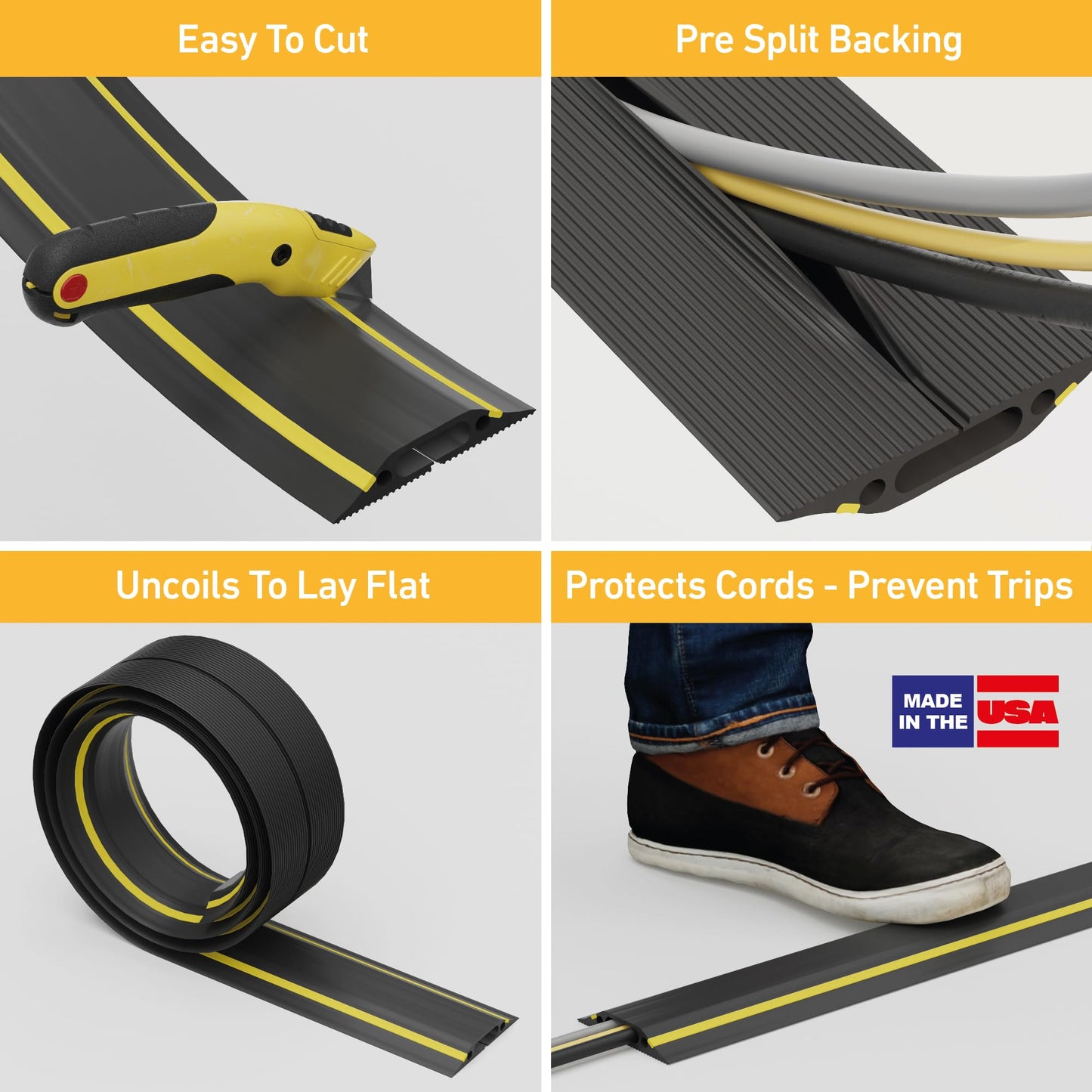 D-Line Floor Cord Cover/Cord Protector - FC83H, Linkable | Protect Cords and Prevent a Trip Hazard | 1.8 Meter (L) - Cable Cavity 30mm (W) x 10mm (H) | Black and Yellow