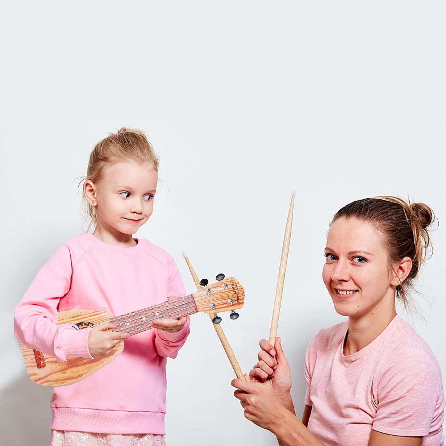 17 Inch Mini Guitar Ukulele Toy for Kids,Plastic Sear World Cartoon Children Educational Learn Guitar Ukulele with The Picks and Strap Can Play Musical Instruments Toys (Sprucewood)