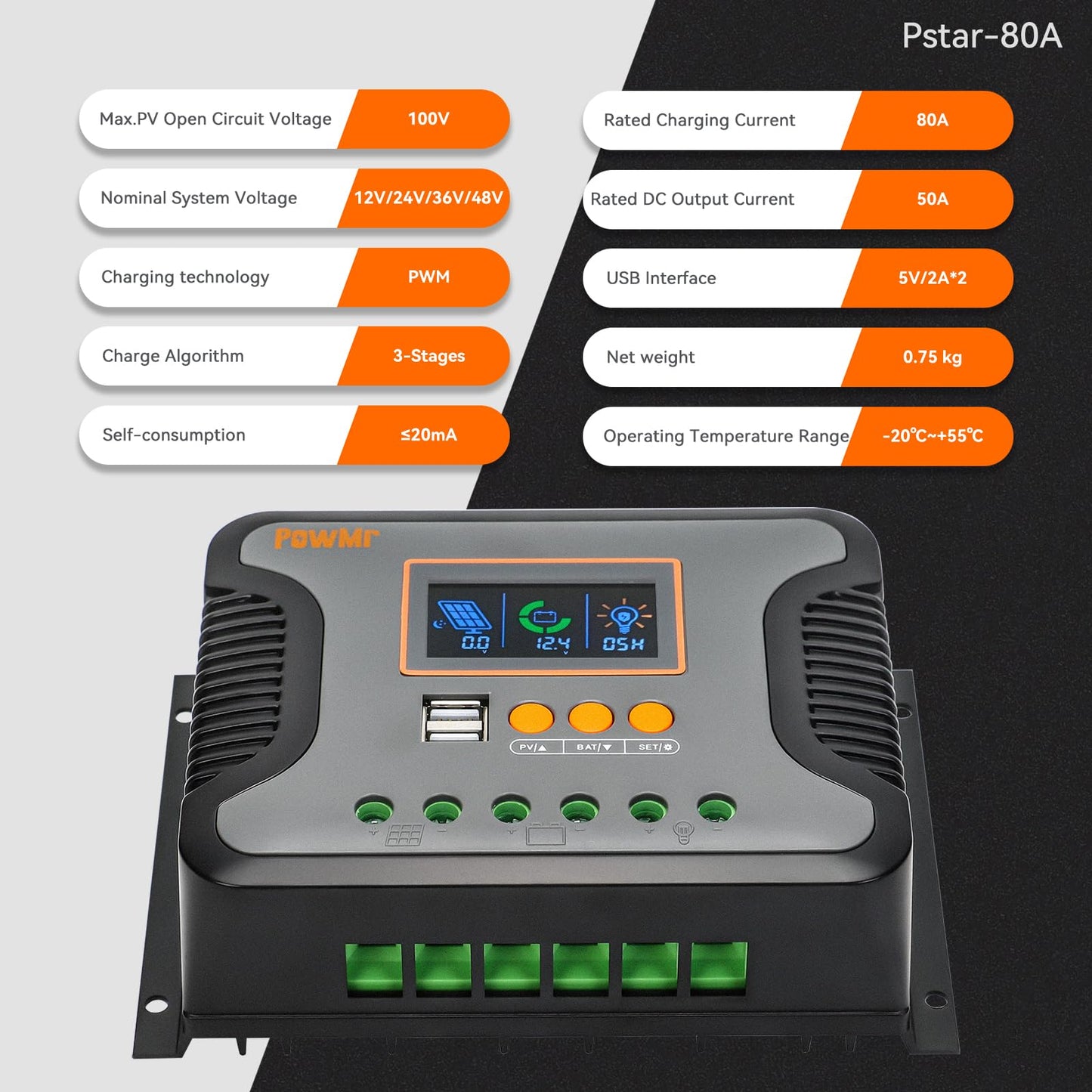 80amp Solar Charger Controller 12V 24V 36V 48V Auto, Solar Panel Charge Regulator Paremeter Adjustable LCD Display with Dual USB Load Timer Setting ON/Off Hours