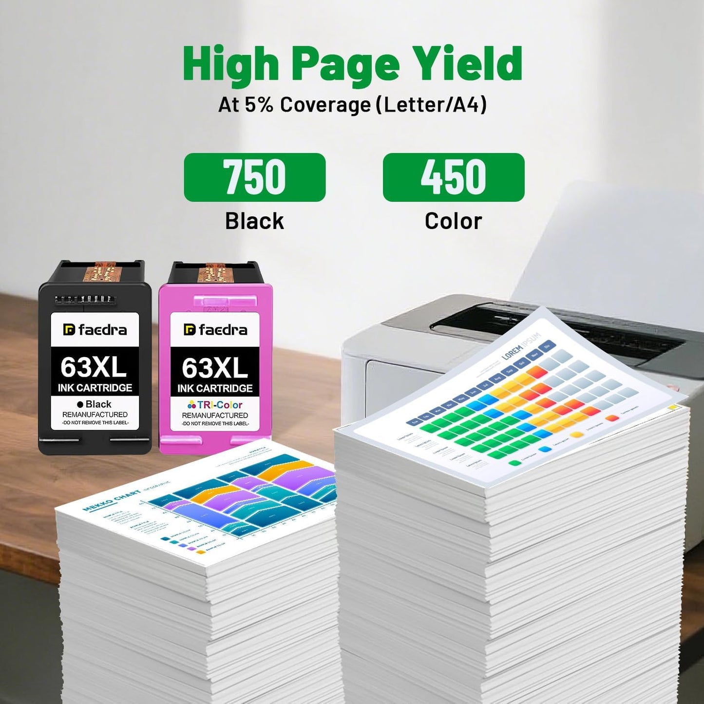 Faedra 63XL Ink Cartridges Remanufactured for HP 63 XL High-Yield Combo Pack for HP Envy 4520 4522 4516 OfficeJet 3833 3830 4650 3836 5255 5200 DeskJet 3630 3632 3836 3634 Series Ink (1Black 1Color)