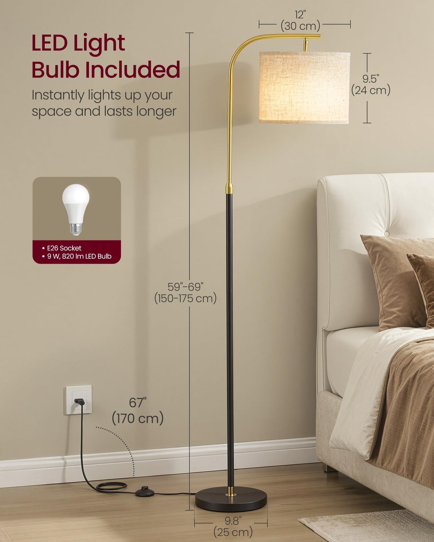 VASAGLE Floor Lamp for Living Room, Modern Arc Standing Lamp, Adjustable Height 150-175 cm, with Foot Switch, Fabric Lampshade, E27 Socket, Ink Black LFL006BD01