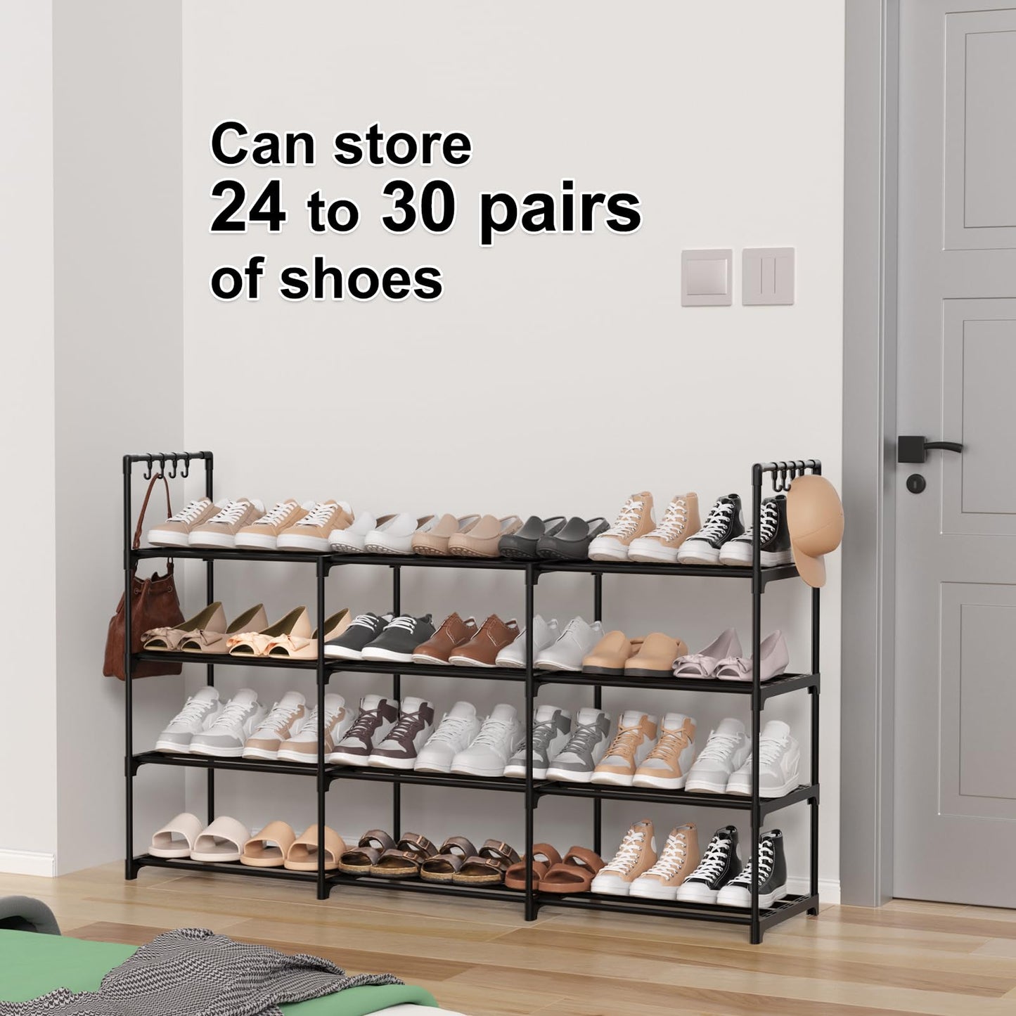 DYJIEKAI 3 Row 4 Tier Long Shoe Rack, Black Metal Stackable Shoe Shelf with Multifunctional Hooks, Shoe Storage Hold 24-30 Pairs, Space Saving Shoe Organizer for Closet,Wide Shoe Rack