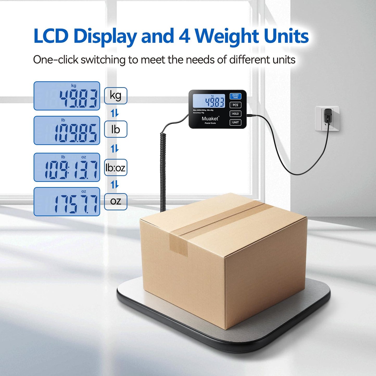 Postal Scales,Muaket 440lb LCD Display Parcel Scales with Hold and Tare Function,High Precision Weighing Scale for Luggage,Package,2 AAA Batteries and Charging Cable Included