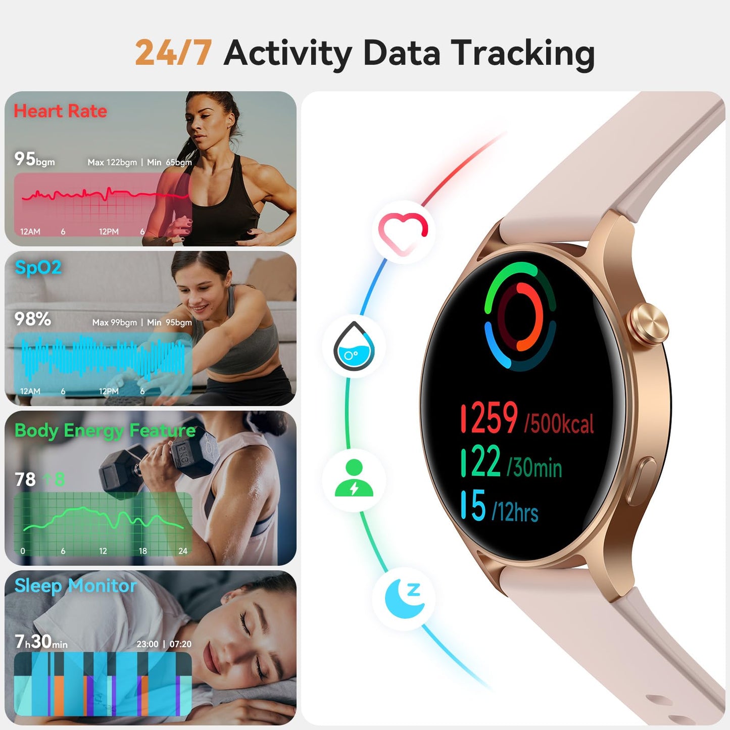 aeac Smart Watch for Women, AMOLED Ultra-Clear Screen Fitness Tracker with Step Counter/Heart Rate/Sleep/SpO2 Monitor, Waterproof Montre Intelligente Femme for iPhone/Samsung/Android（Pink）