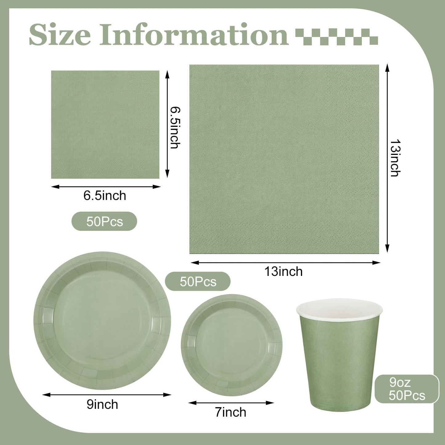 Dandat 200 Pcs Sage Green Paper Plates and Napkins Set, Disposable Dinnerware Includes 7'' & 9'' Paper Plates, Cups, Napkins for Birthday, Baby Shower, Wedding Party(Sage Green)