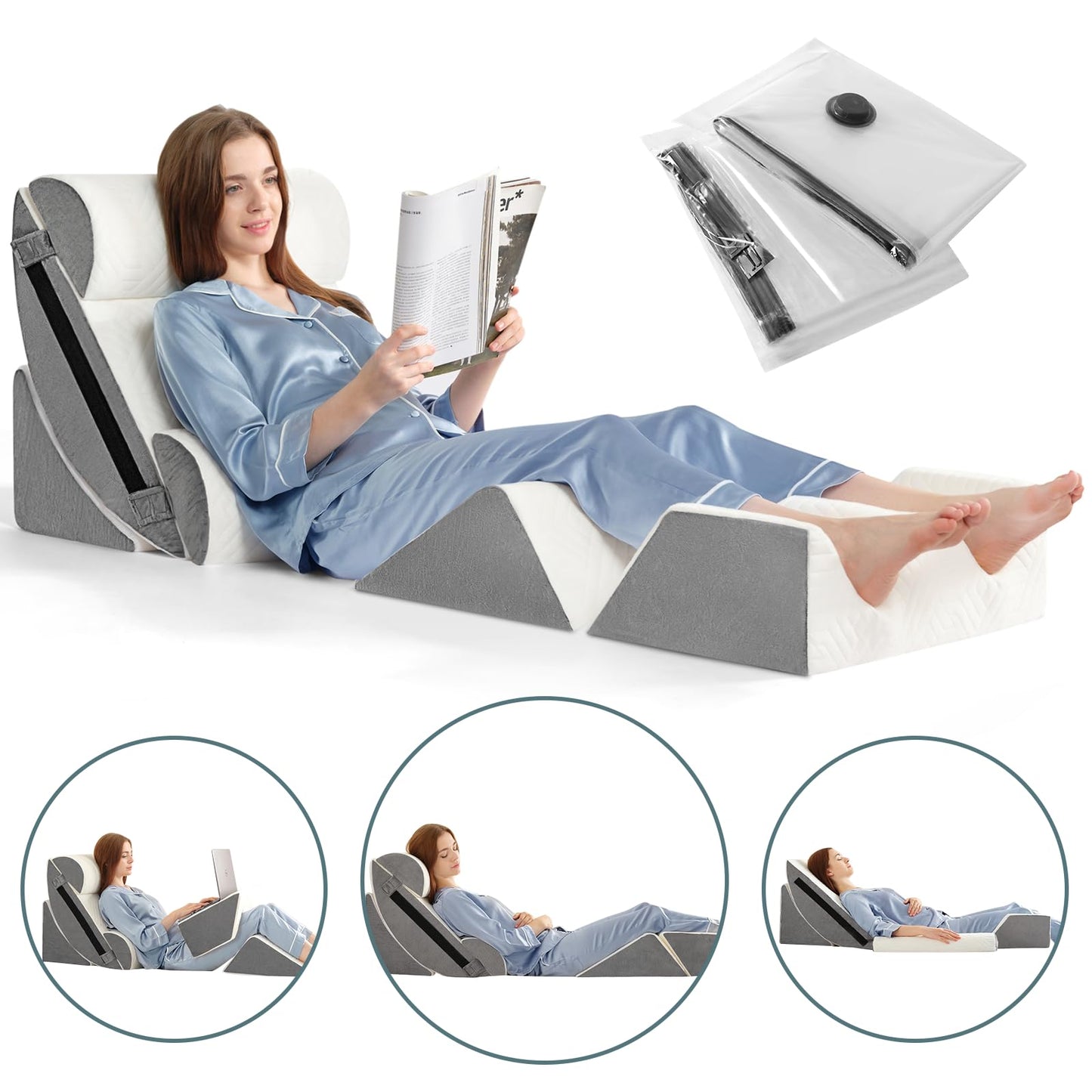 6pcs Orthopedic Bed Wedge Pillow Set for Sleeping, Post Surgery Foam for Body, Back and Leg Pain Relief Comfortable & Adjustable Support Pillows-Anti Snoring, Heartburn, Acid Reflux & GERD Sleeping