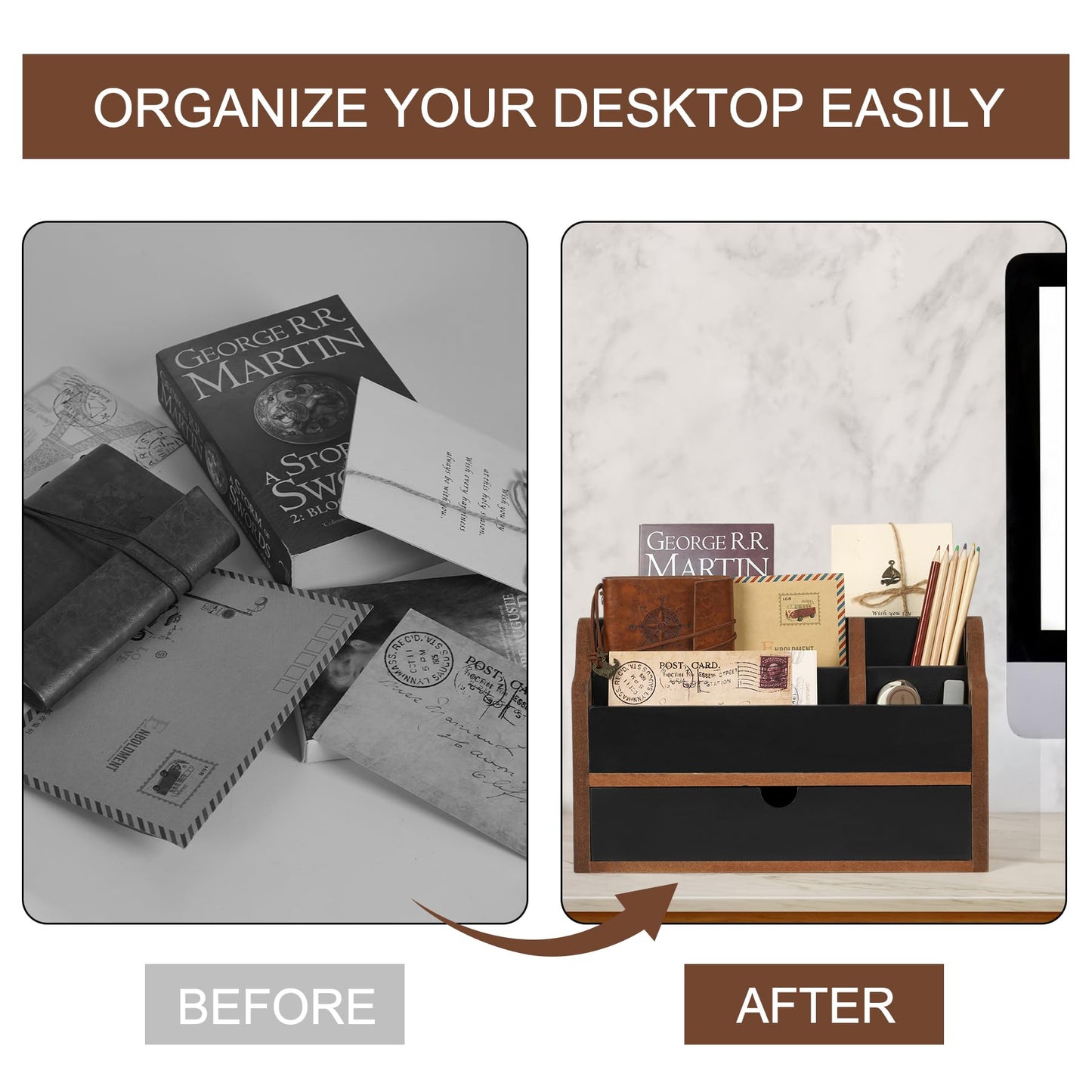 Dhmkfly Desk Organizer with Drawer Wood File Office Mail Organizer Countertop-5 Slot Tabletop Storage Pen Organizer Letter Holder for School Home Office Supplies