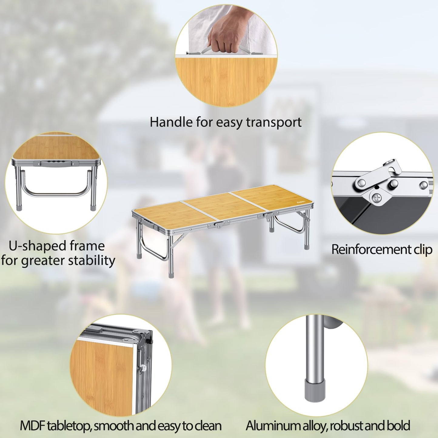 Anbte 3ft Low Folding Picnic Table, Thicker Aluminum Small Camping Table with Storage Bag, Portable Handle, Lightweight, for Camping Beach Party Picnic Floor, 34.2" x 15.7" x 10.3", Yellow