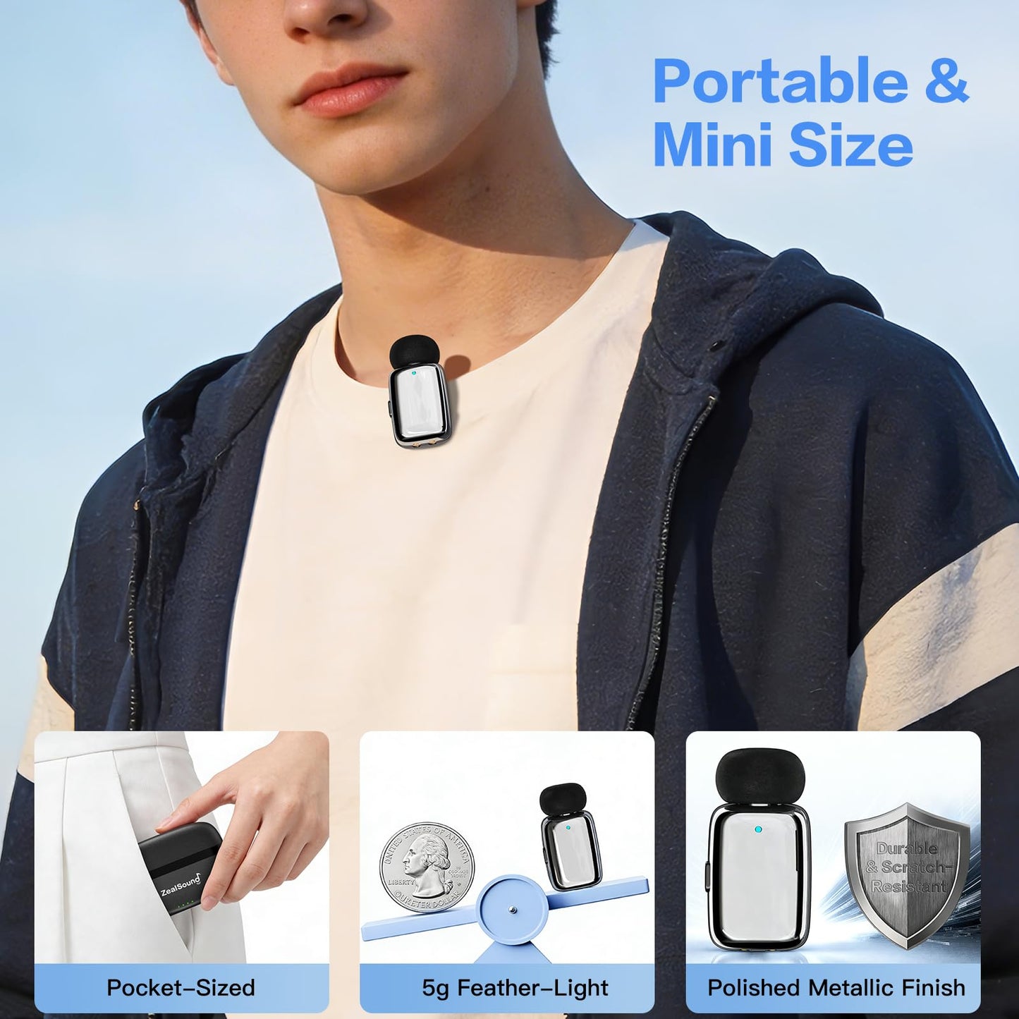 ZealSound Wireless Lavalier Microphone for iPhone/iPad/Android, Mini Microphone with Noise Reduction & 33H Battery, USB-C Plug & Play Clip-on Lapel Mic for Video Recording, Vlogging, YouTube, TikTok
