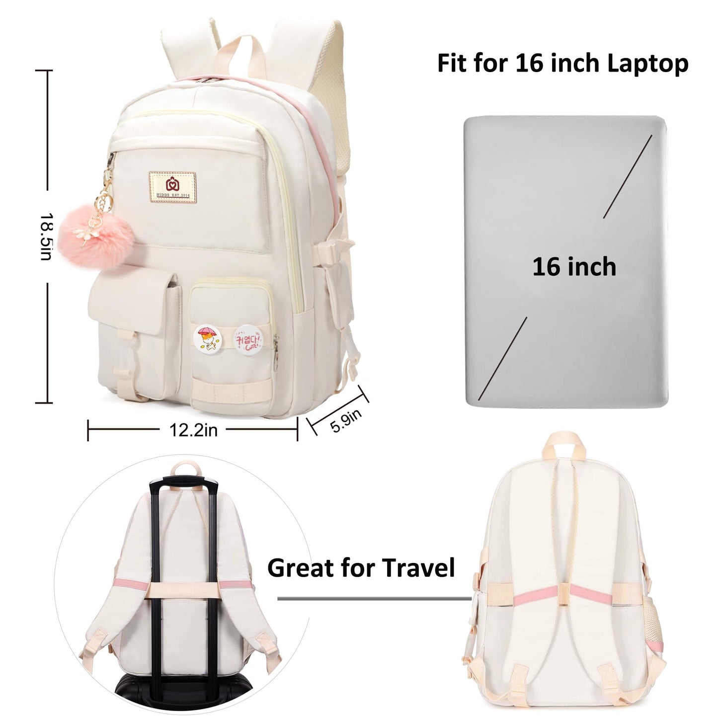 Laptop Backpacks 15.6 Inch School Bags College Backpack Anti Theft Travel Daypack Large Bookbags for Teens Girls Women (Off-white)