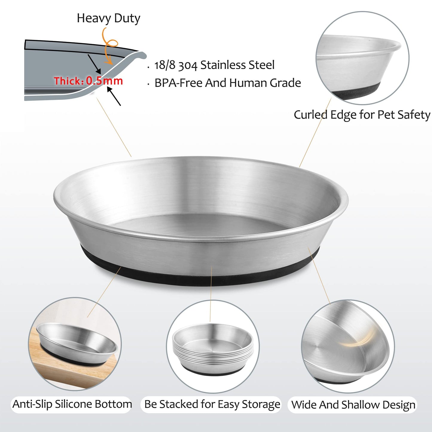WROSWT Stainless Steel Cat Bowls,Whisker Friendly Shallow Cat Dishes for Food and Water,Non-Slip Silicone Bottom,Heavy Duty,Replacement Kitten Metal Plate for Elevated Stands,6 Pack