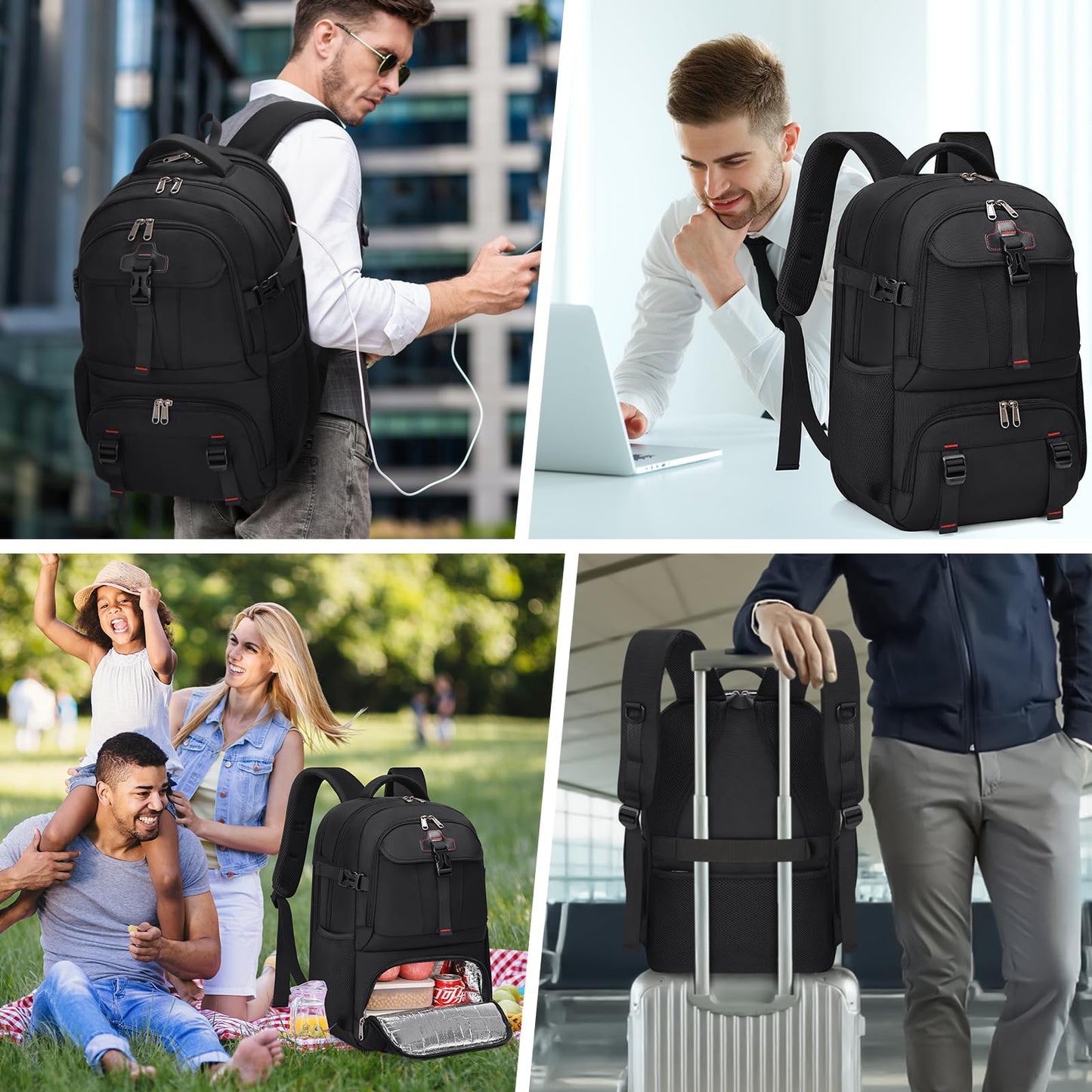 RAINSMORE Lunch Backpack 17.3 Inch Laptop Backpack for Men Women Waterproof Work Backpack with USB Charging Port for School Travel Business Black
