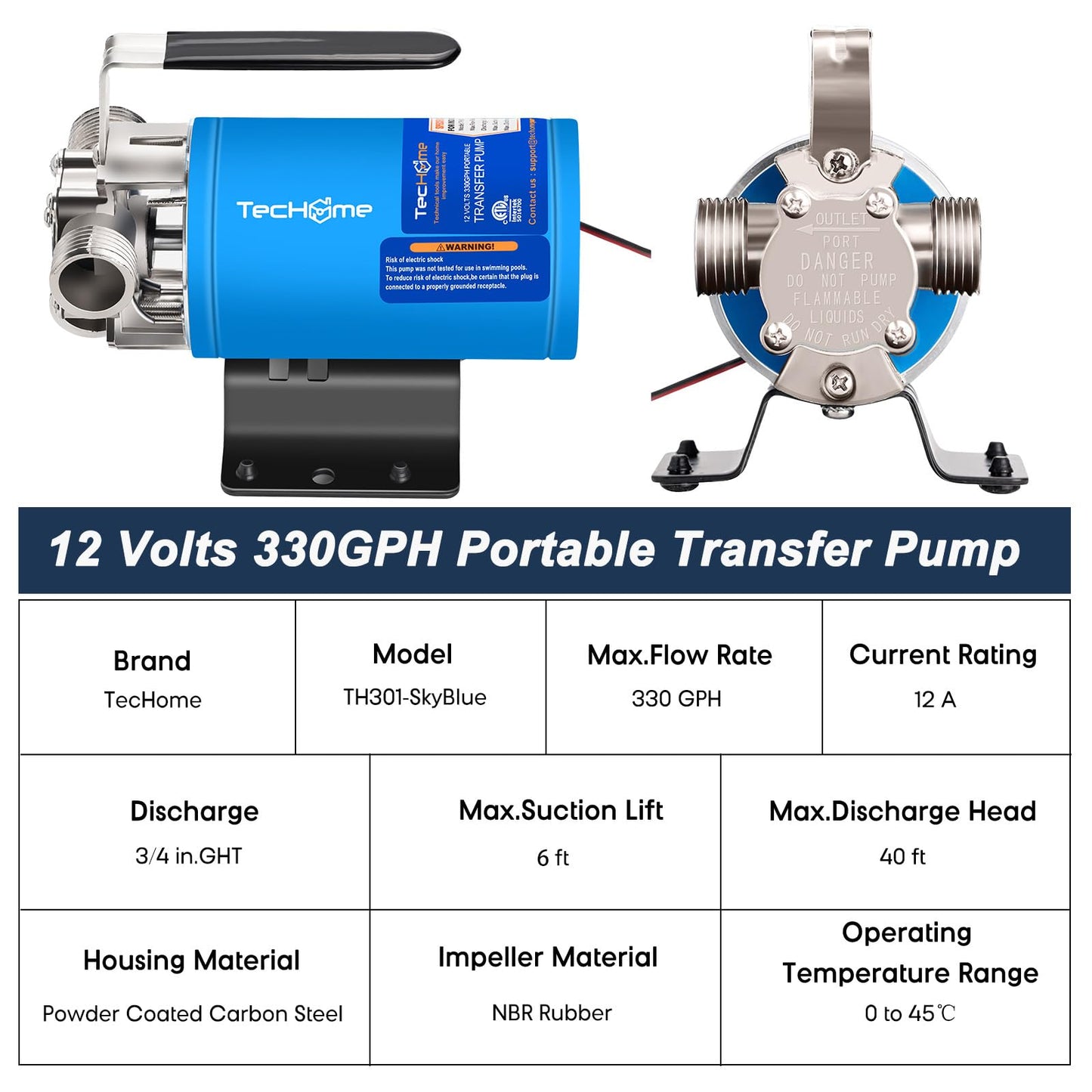 TecHome 12V Water Pump, 1/10 HP 330GPH Water Transfer Pump, Portable Electric Utility Transfer Pump, with ON/Off Switch and Suction Hose Kit.