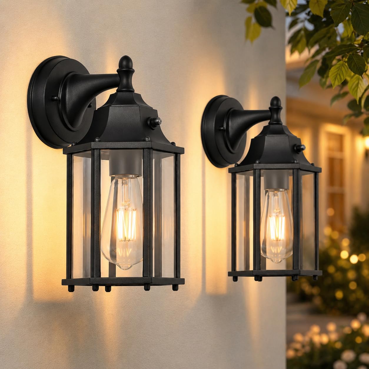Dusk to Dawn Outdoor Wall Lights 2-Pack, Black Exterior Wall Sconces with Clear Glass, Waterproof Anti-Rust Porch Lights Outdoor, E26 Base Wall Lanterns for Front Door, Garage, Entryway