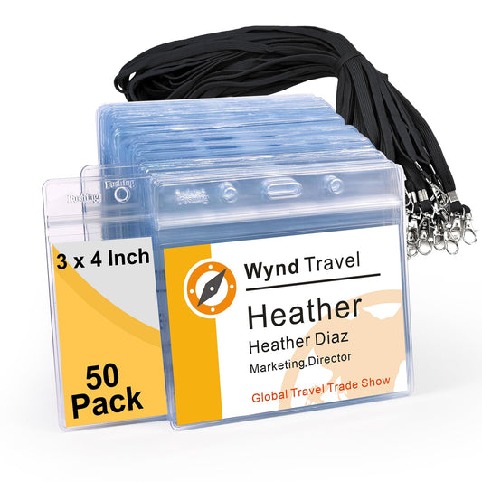 Name Badge Holders with Lanyards - Fushing 50Pcs Clear Plastic Horizontal Name Tag Badge ID Card Holders and Lanyards for 3 x 4 Inch Name Badge Inserts or Name Tag Inserts