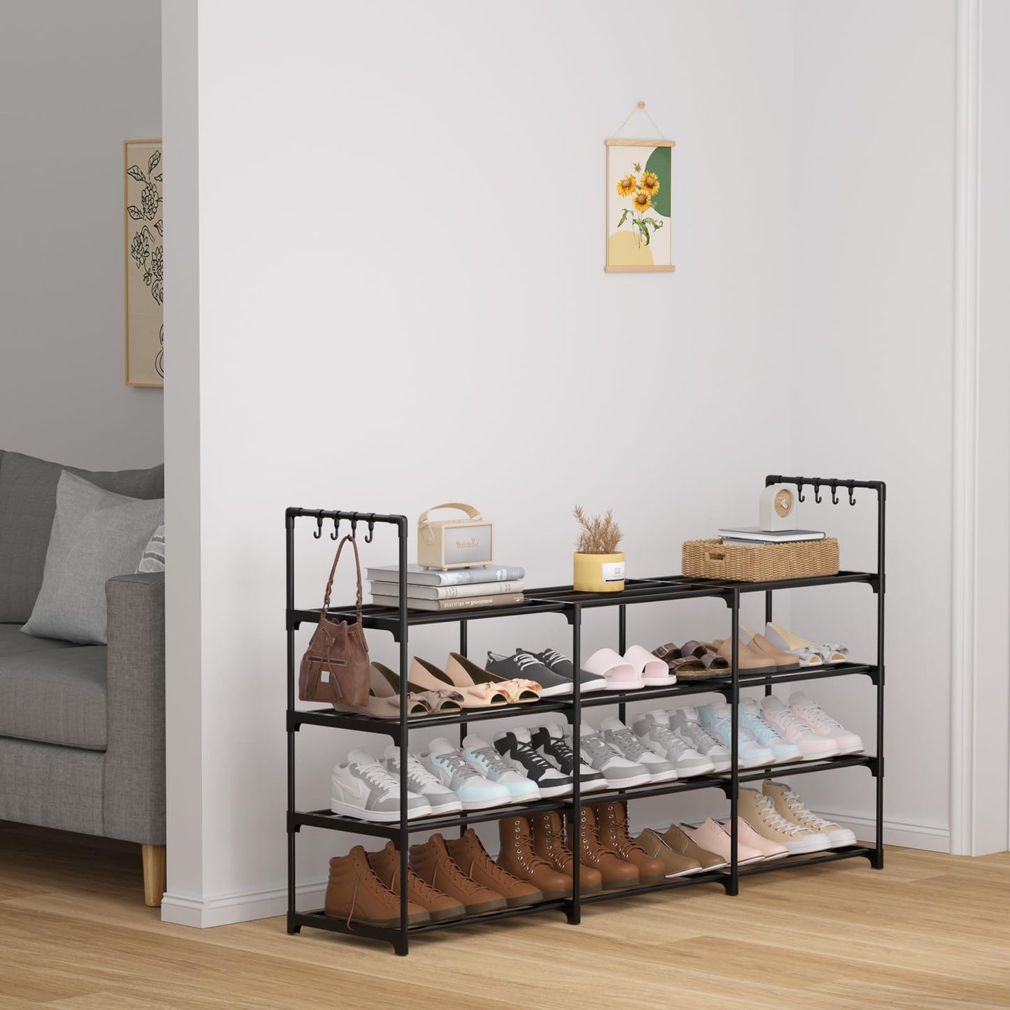 DYJIEKAI 3 Row 4 Tier Long Shoe Rack, Black Metal Stackable Shoe Shelf with Multifunctional Hooks, Shoe Storage Hold 24-30 Pairs, Space Saving Shoe Organizer for Closet,Wide Shoe Rack