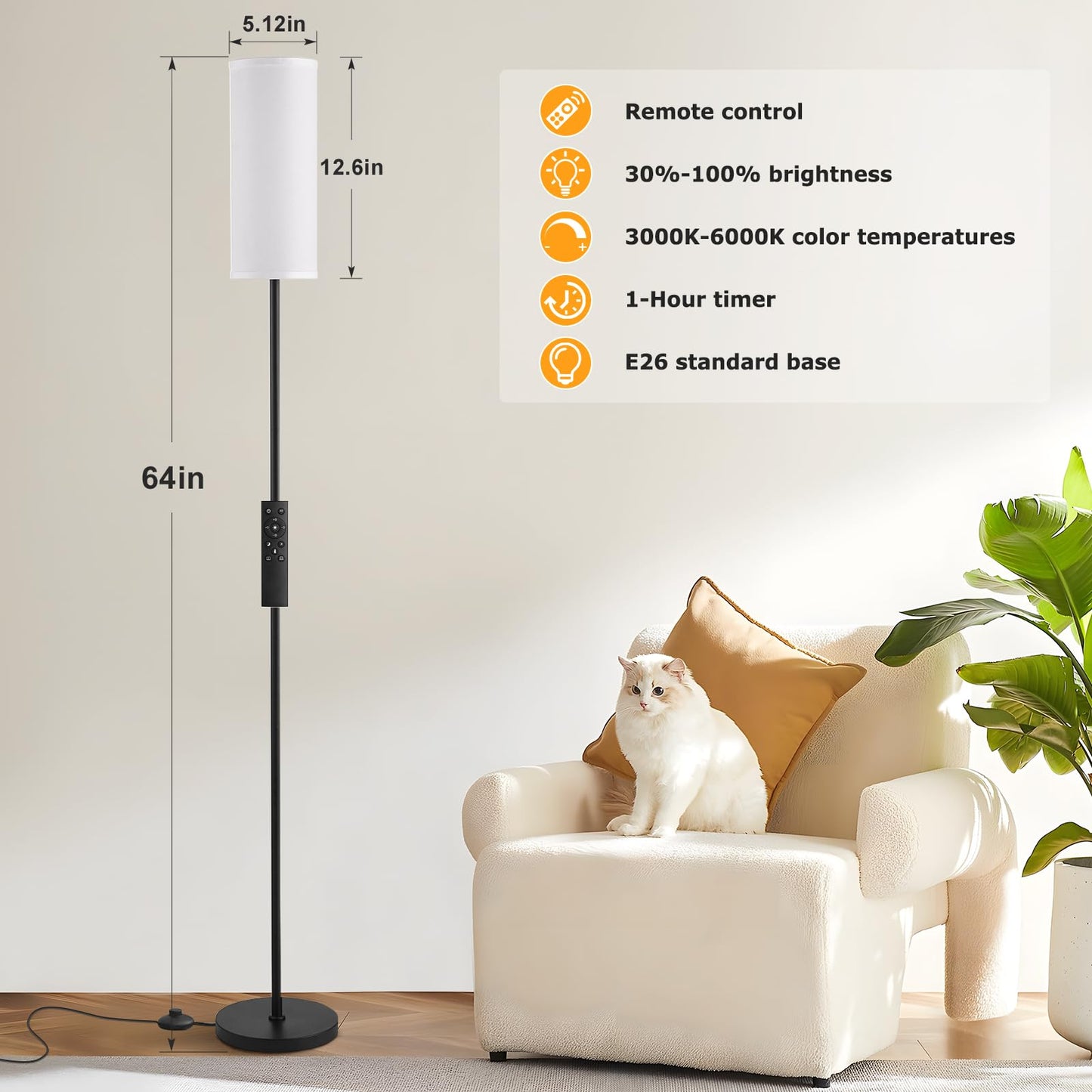 Ambimall Floor Lamp with Remote Control- Dimmable Standing Tall Lamp, Floor Lamps for Living Room, Bedrooms, Stepless Adjustable 3000K-6000K Colors, 10-100% Brightness, Foot Switch