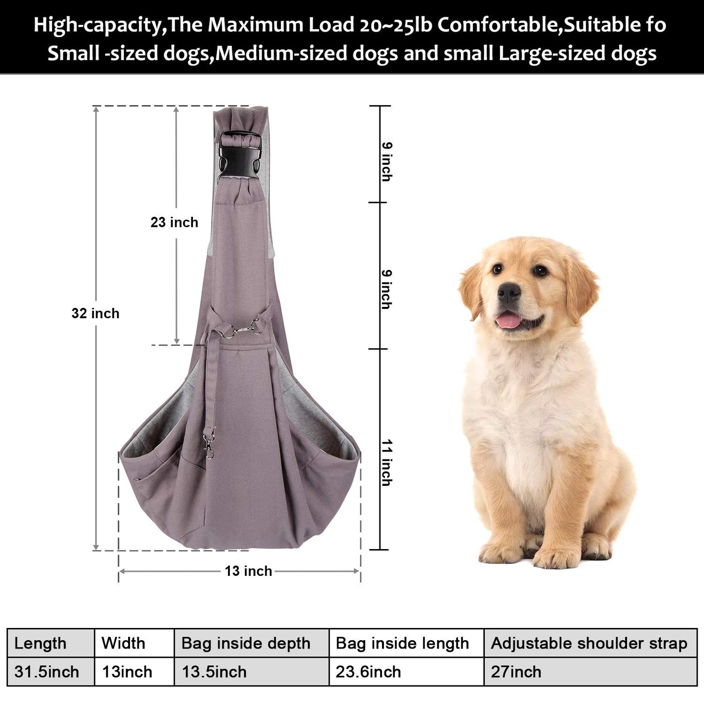 AGPTEK Dog Carrier Shoulder Bag, Dog and Cat Sling Carrier, Hand Free Dog Carrier Sling, Secure Pet Carrier Bag, Larger to Fit Medium Dogs and Cats, Maximum Load 13 kg