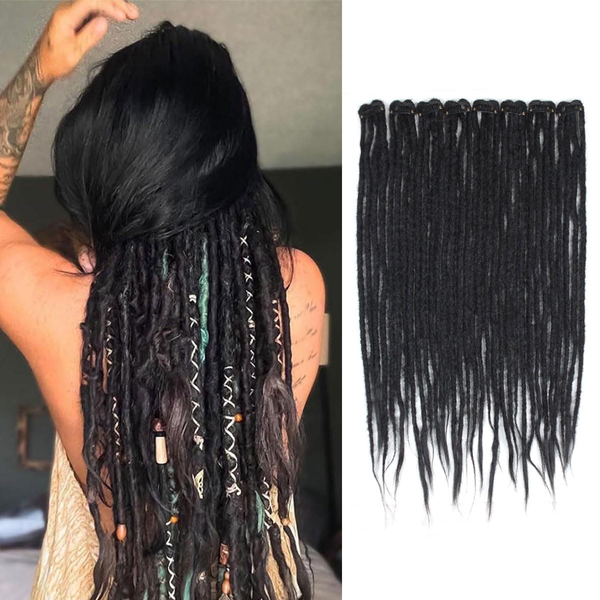 Quisduis 16 Inch Clip in Dreadlocks Hair Extensions, 8PCS 32 Strands Black Synthetic Dreas Extensions Handmade Soft Thin Dreadlocks for Women
