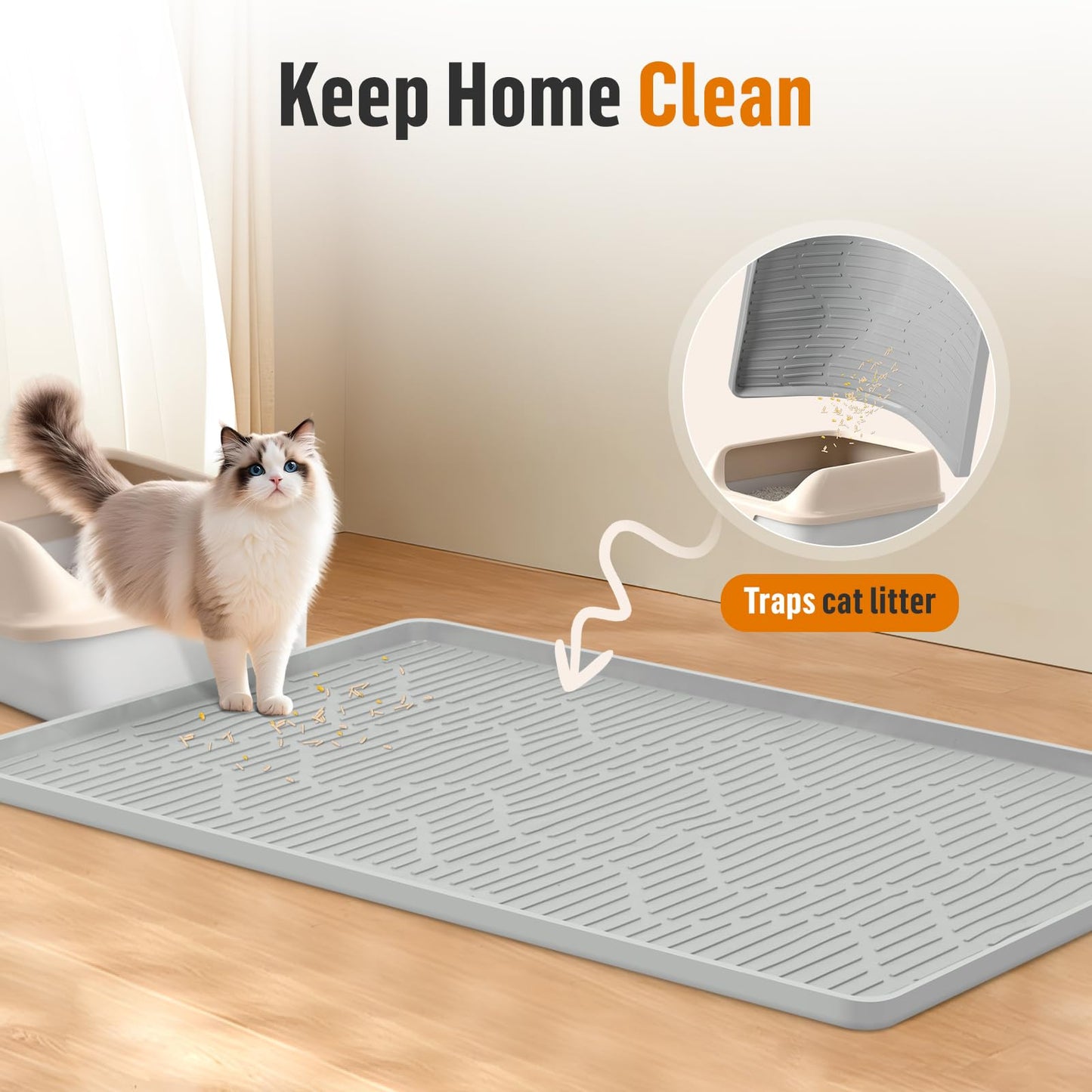 Bartuke Silicone Cat Litter Mat, 24" x 24" Large Cat Litter Box Mat Litter Trapping Mat for Scatter Control, Waterproof, Soft on Kitty Paws, Clean Floor (Grey)