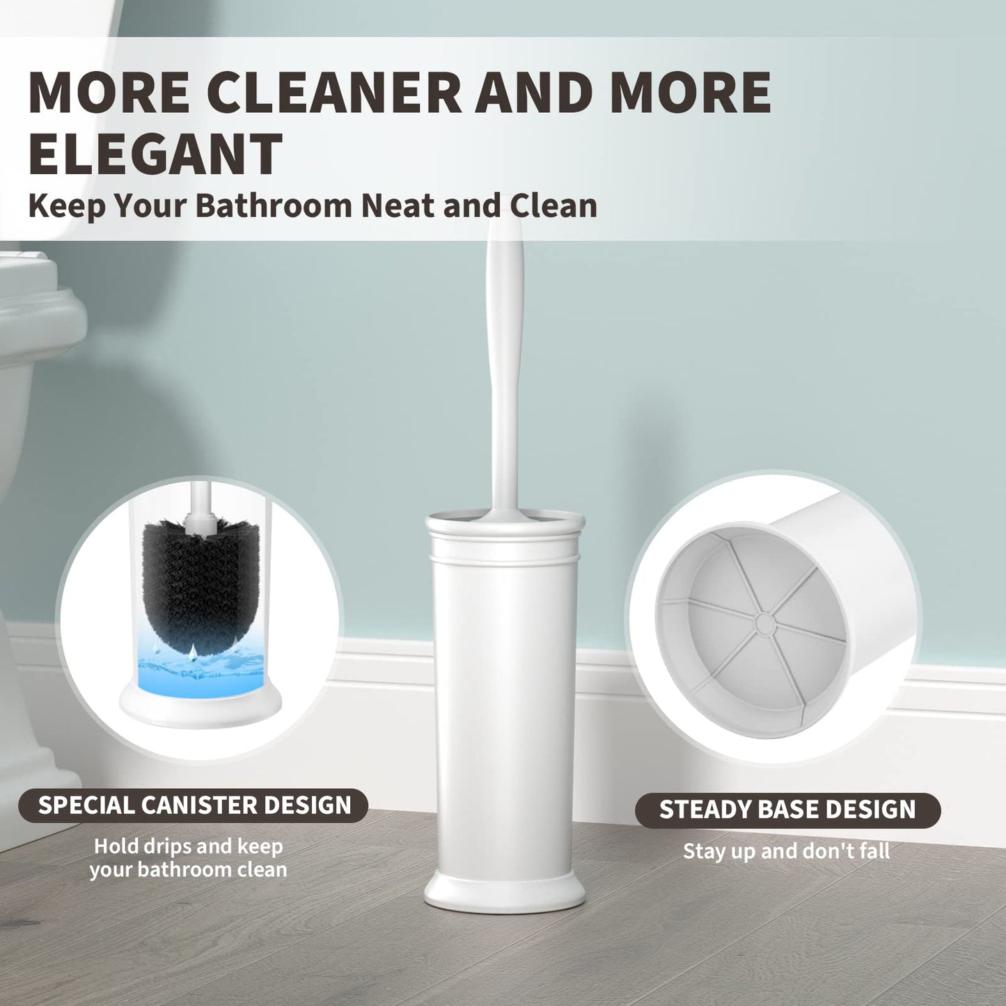 Toilet Brush and Holder 2 Pack, Toilet Bowl Brush with Extra Long Handle, Toilet Scrubber and Covered Holder, Toilet Brushes for Bathroom-Space Saving, Covered Brush, Durable, Deep Cleaning(White)