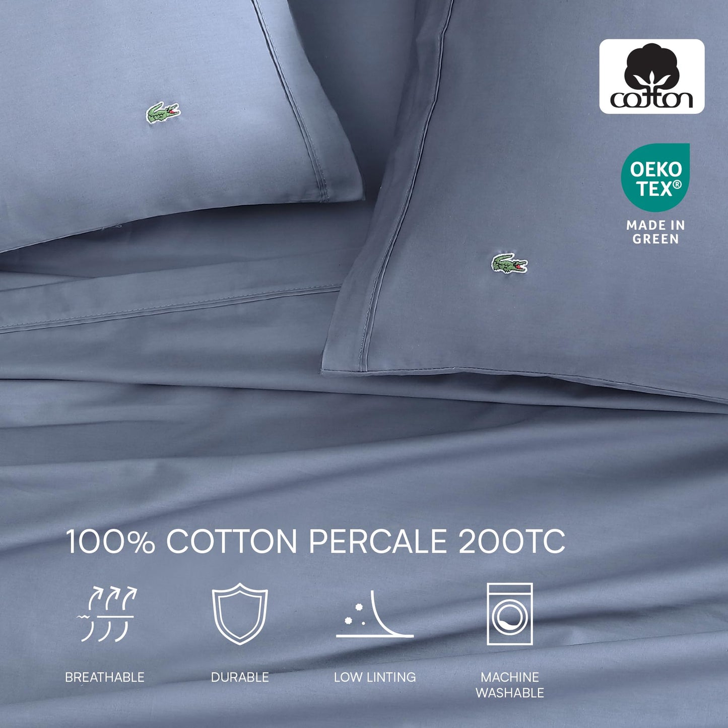 Lacoste 100% Cotton Percale Solid Sheet Set, Vintage Indigo, Standard King