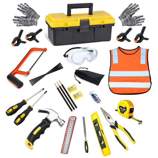 QeeHeng Kids Real Tools Set,Woodworking Tool Set,30 PCS Builder Children Real Hand Tools Kit Construction Learning,Home DIY Play for Boys & Girls Beginner Learning Gift,Come with Tool Box