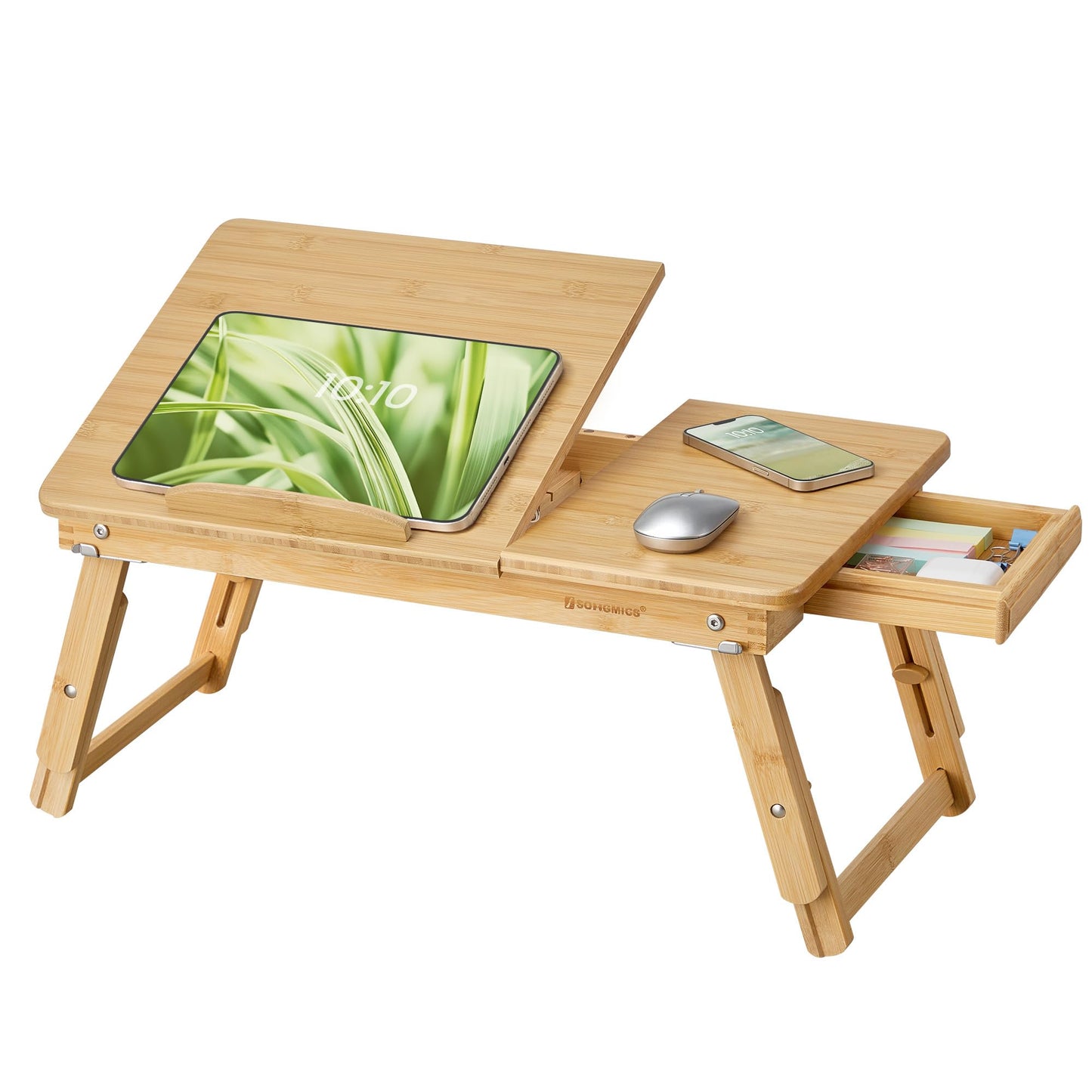 SONGMICS Laptop Desk for Bed or Sofa with Tilting Top, Breakfast Serving Tray with Folding Legs, Fits up to 15.6 Inches Screen, (24-26.9) x 13.7 x (8.8-12.6) Inches, Natural ULLD01N