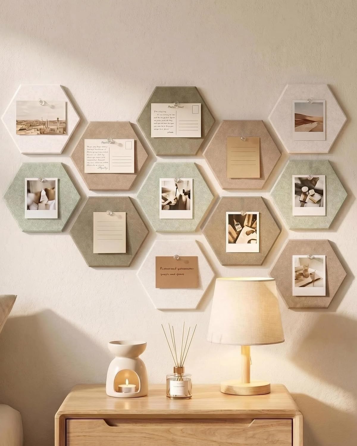 Acidea 12Pcs Hexagon Felt Cork Boards for Walls, Brown Sage Green Self-Adhesive DIY Bulletin Board Vision Board with 50 Push Pins, Pin Board for Office School Home Wall Decor Photos Display Memos