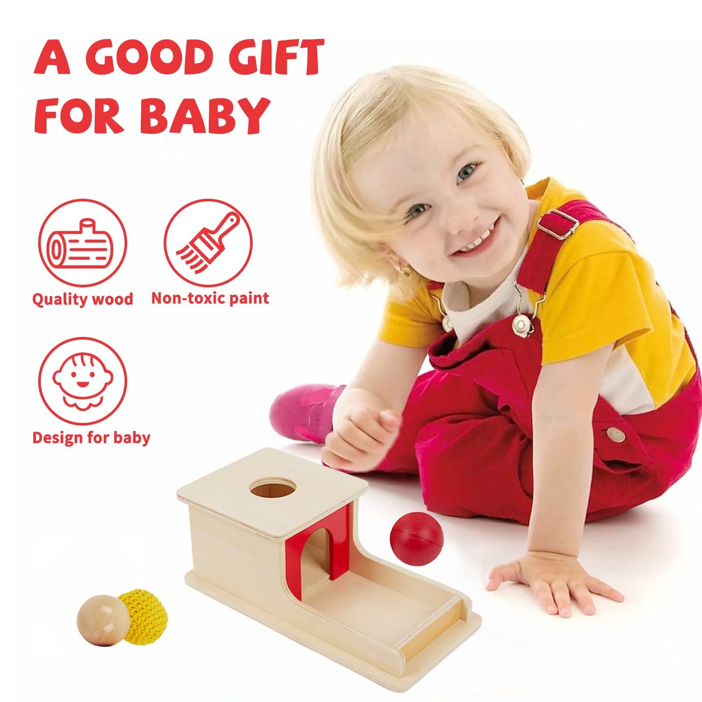 Adena Montessori Full Size Object Permanence Box with Tray Three Balls Montessori Toys for 6-12 Month Infant (Three Balls (Wood, Plastic,Knitted))