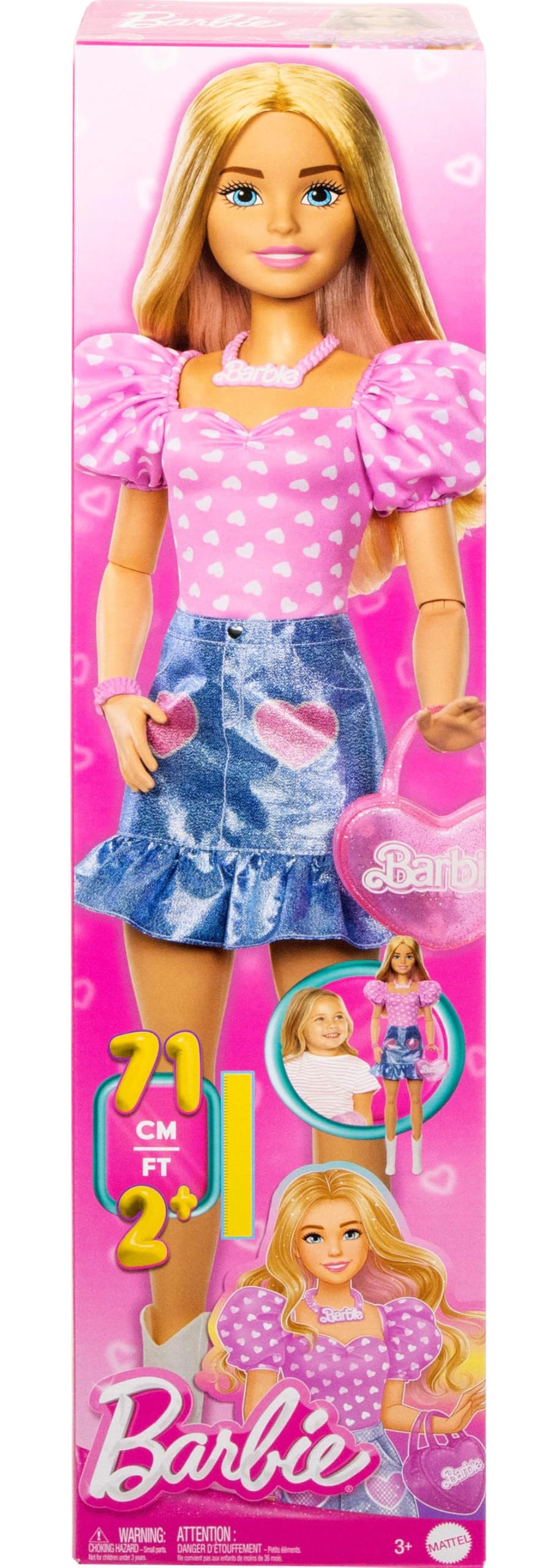 Barbie 28-in Blonde Fashion Doll with Removable Fashions, Pink Top, Denim Skirt, & Cowboy Boots, Necklace and Purse Accessory